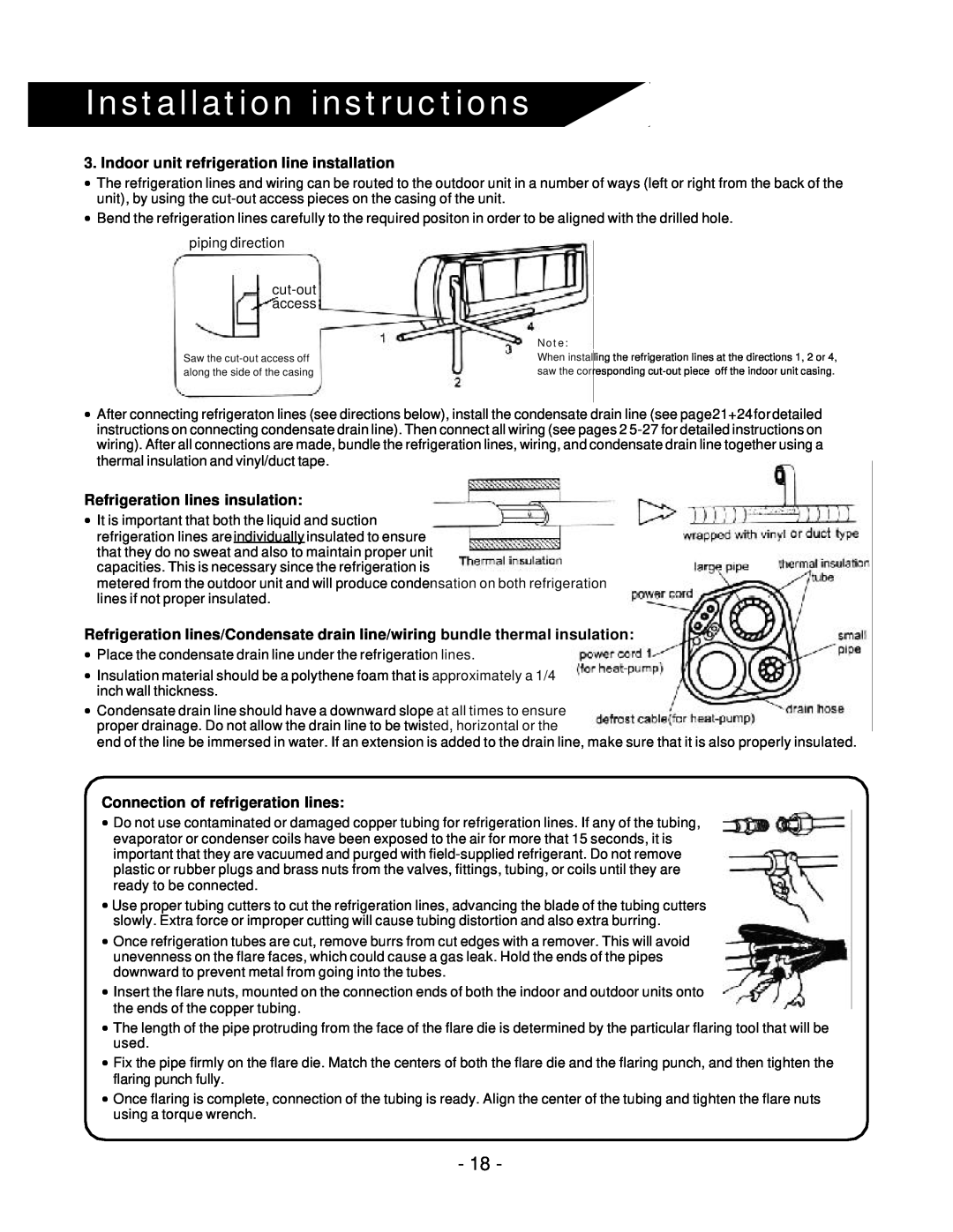 Soleus Air KFR/KFS Series manual Installation instructions, Indoor unit refrigeration line installation 