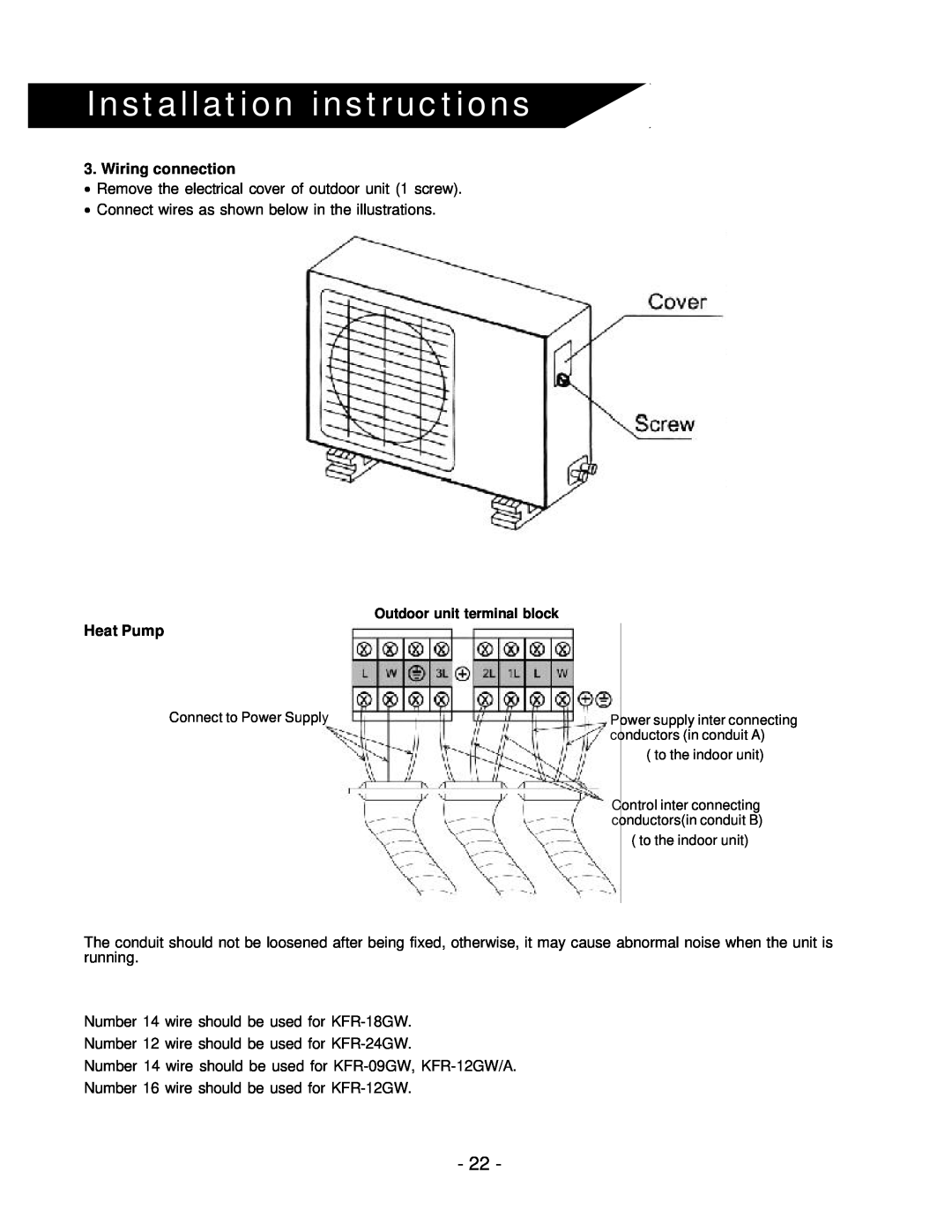 Soleus Air KFR/KFS Series manual Installation instructions, Wiring connection, Heat Pump 