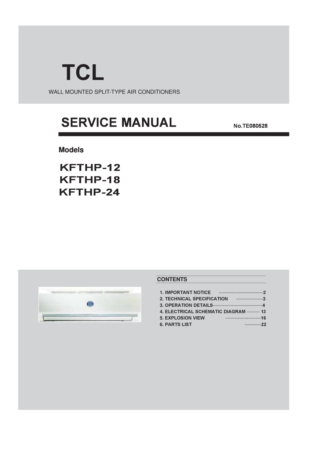 Soleus Air service manual Models, KFTHP-12 KFTHP-18 KFTHP-24, Wall Mounted Split-Typeair Conditioners, Contents 