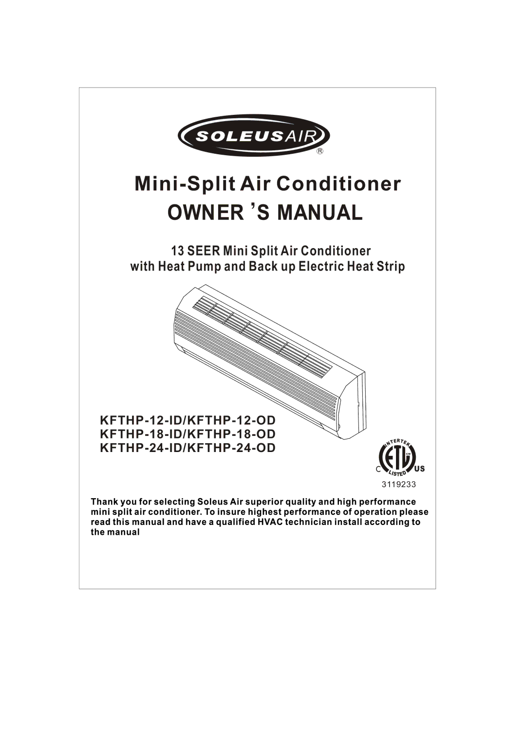 Soleus Air KFTHP-12-OD, KFTHP-18-OD, KFTHP-12-ID, KFTHP-18-ID, KFTHP-24-OD, KFTHP-24-ID manual 3119233 