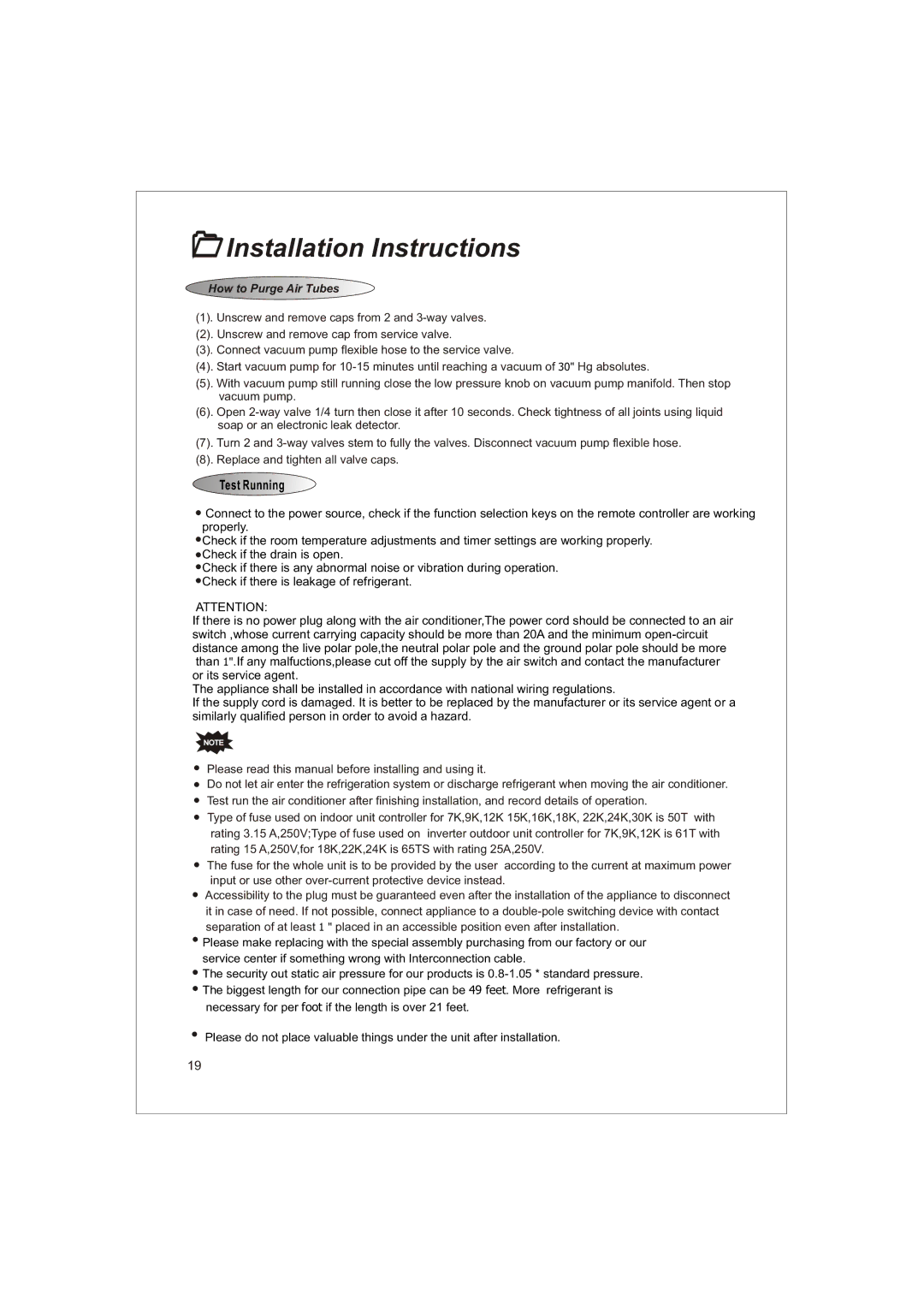 Soleus Air KFTHP-18-OD, KFTHP-12-OD, 3119233 How to Purge Air Tubes, Please read this manual before installing and using it 