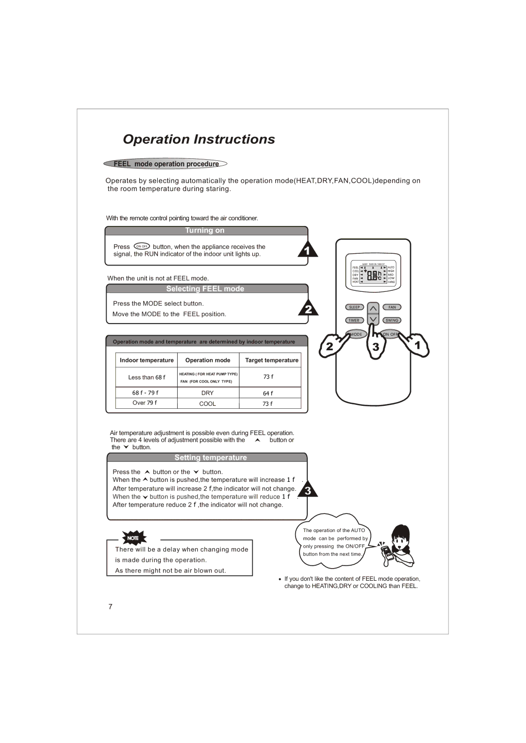 Soleus Air KFTHP-12-ID, KFTHP-18-OD, KFTHP-12-OD, KFTHP-18-ID, KFTHP-24-OD, KFTHP-24-ID, 3119233 Feel mode operation procedure 