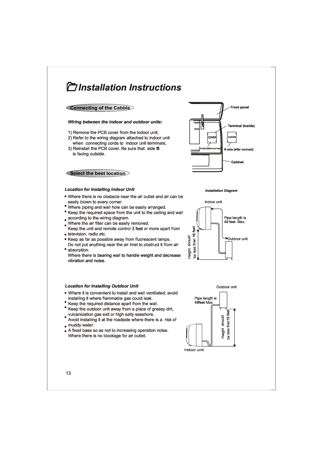 Soleus Air KFTHP-12-OD 1Installation Instructions, Connecting of the Cabble, Wiring between the indoor and outdoor units 
