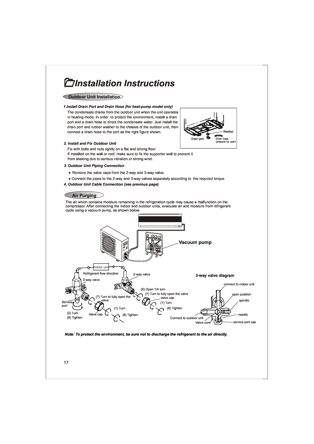 Soleus Air KFTHP-24-ID, KFTHP-18-OD 1Installation Instructions, Outdoor Unit Installation, Air Purging, wayvalve diagram 