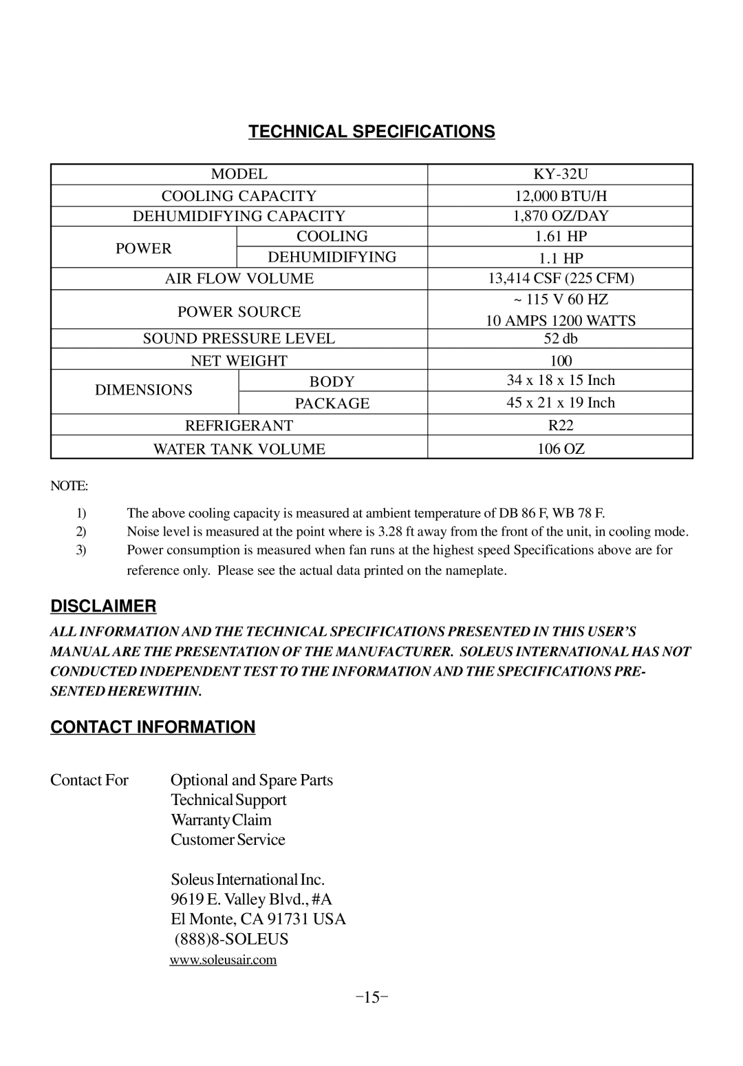 Soleus Air KY-320 manual Technical Specifications, Disclaimer, Contact Information 