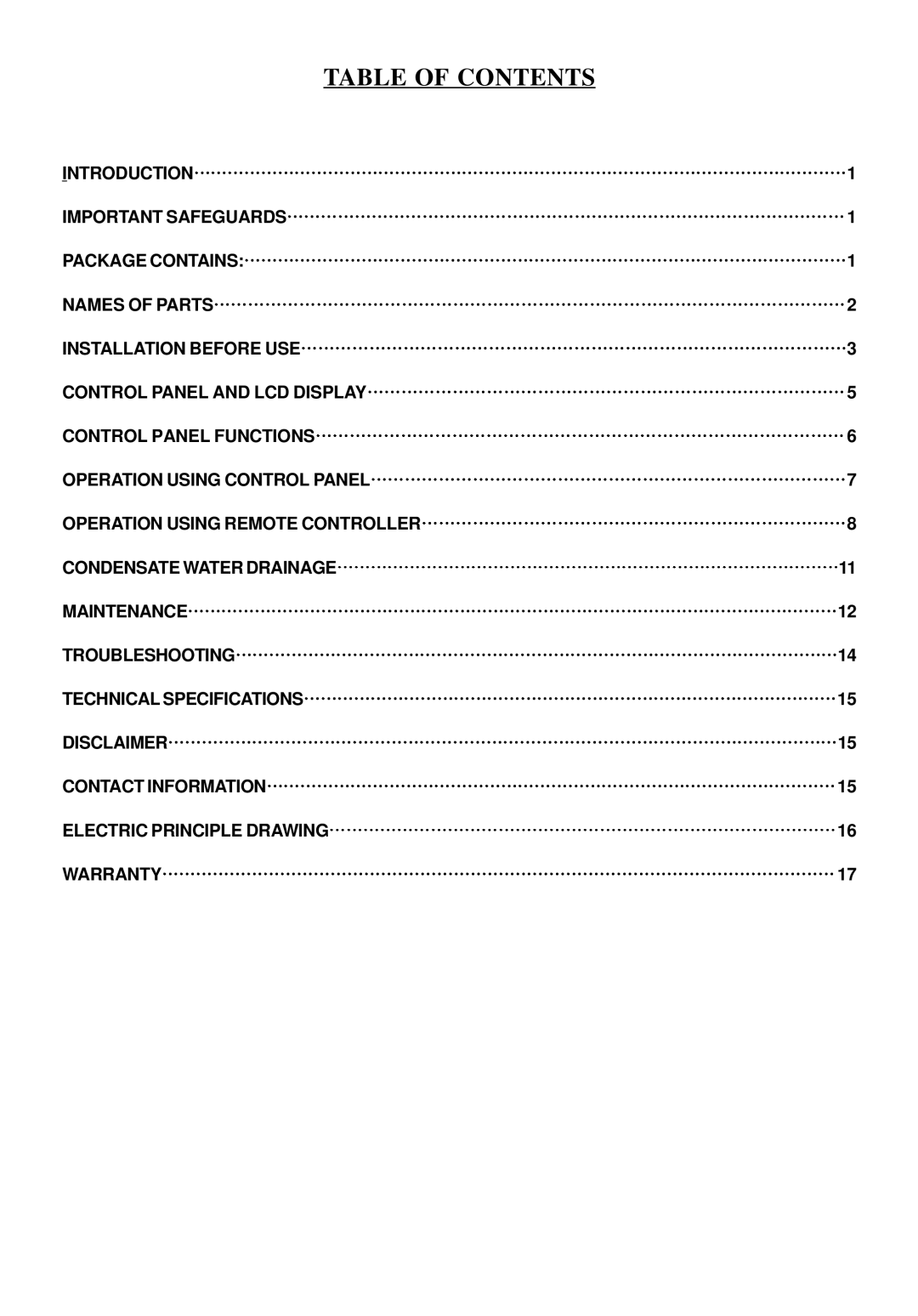 Soleus Air KY-320 manual Table of Contents 