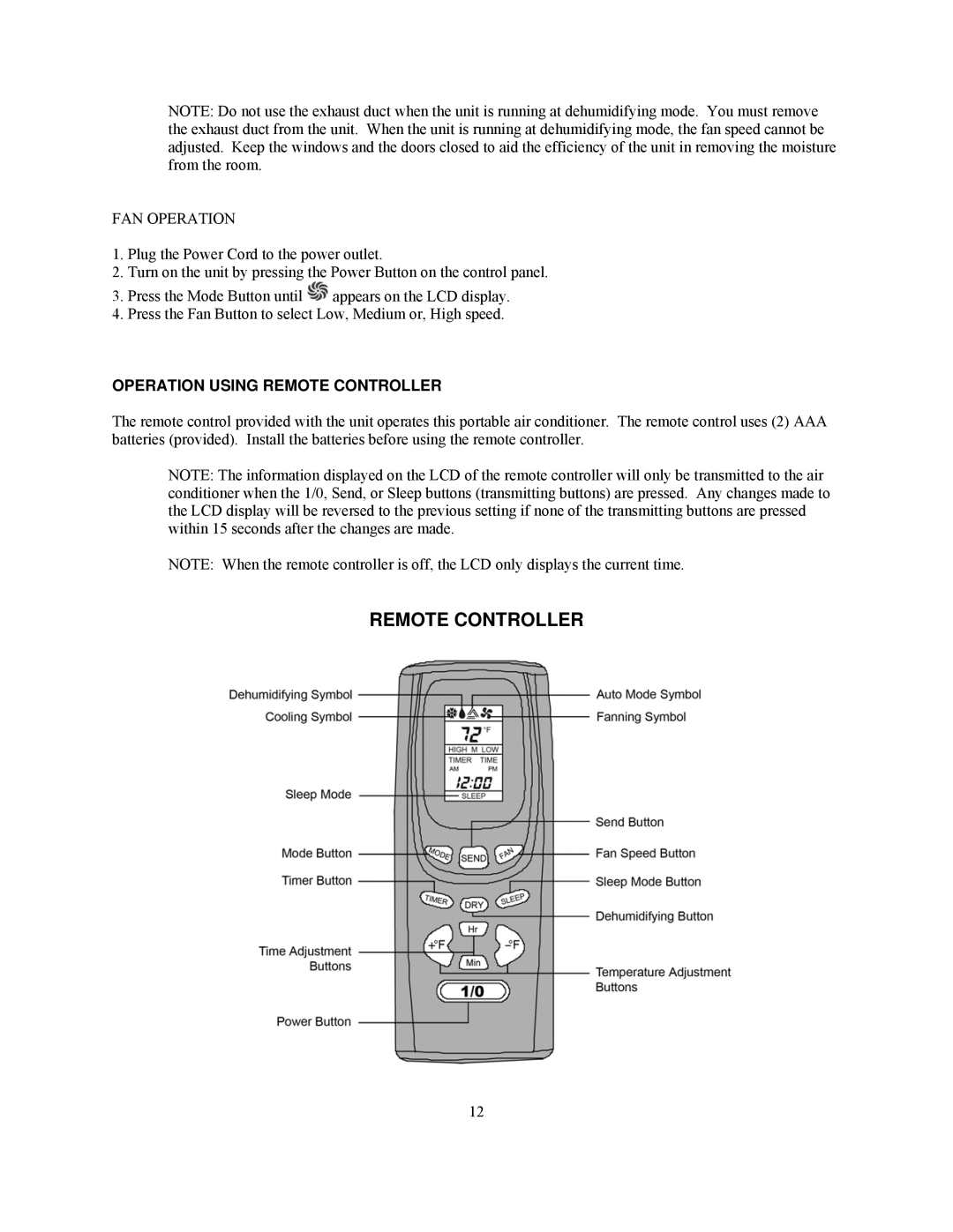 Soleus Air KY-32E owner manual FAN Operation, Operation Using Remote Controller 