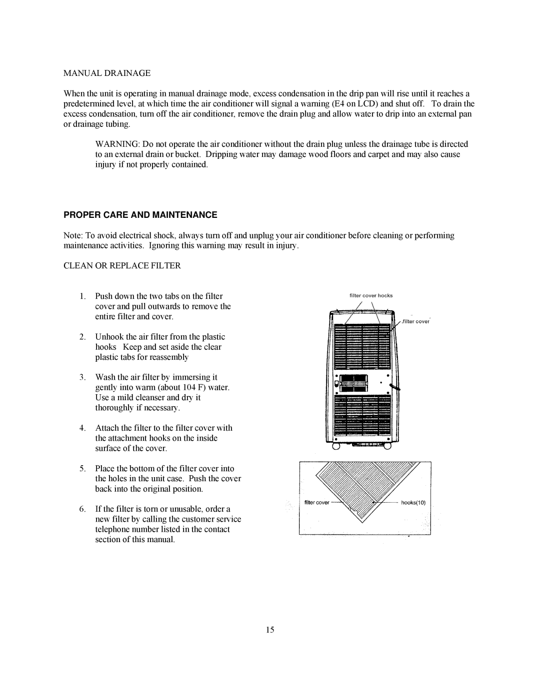 Soleus Air KY-32E owner manual Manual Drainage, Proper Care and Maintenance, Clean or Replace Filter 