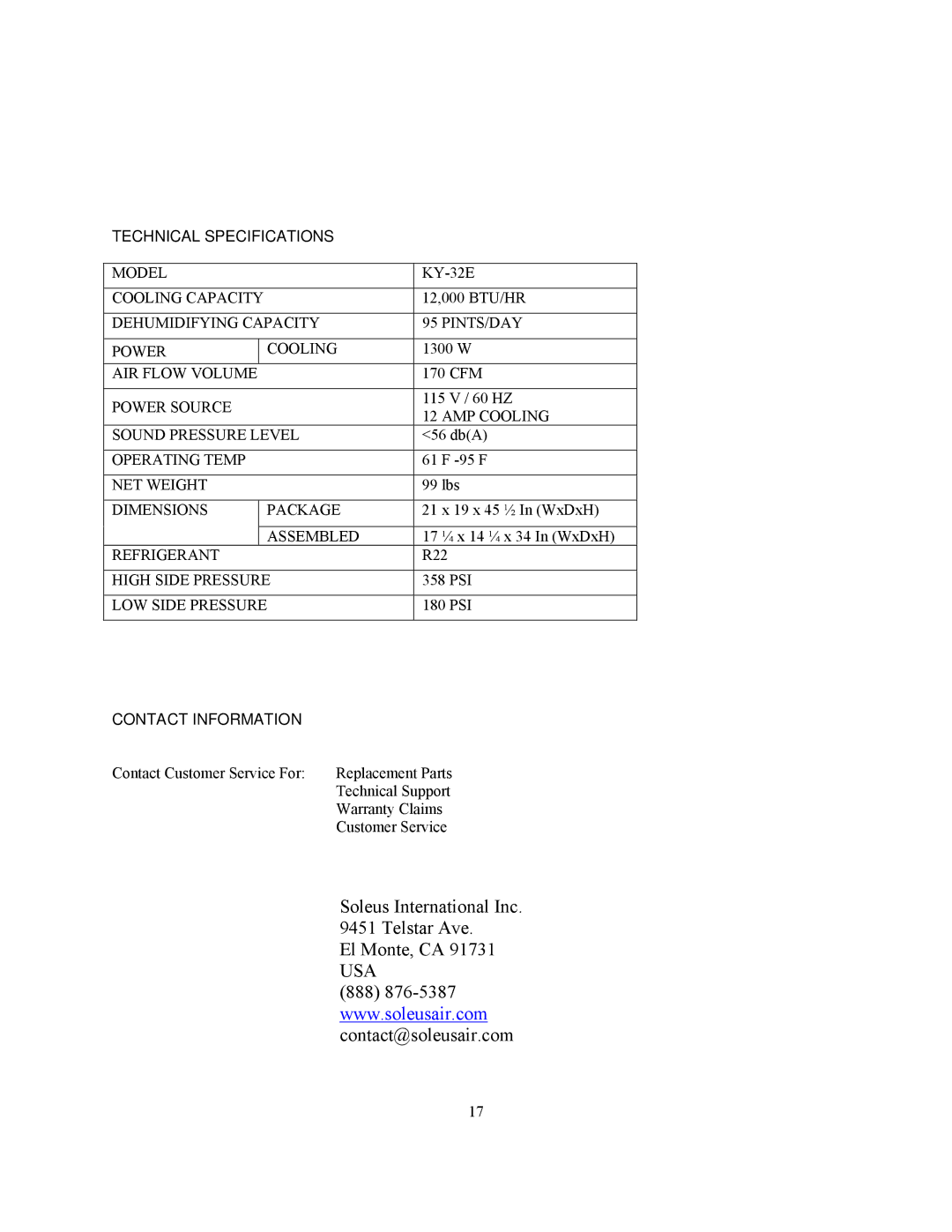 Soleus Air KY-32E owner manual Technical Specifications, Contact Information 