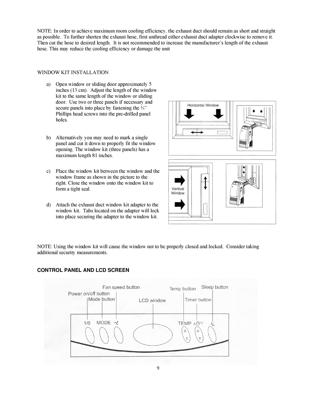 Soleus Air KY-32E owner manual Window KIT Installation, Control Panel and LCD Screen 