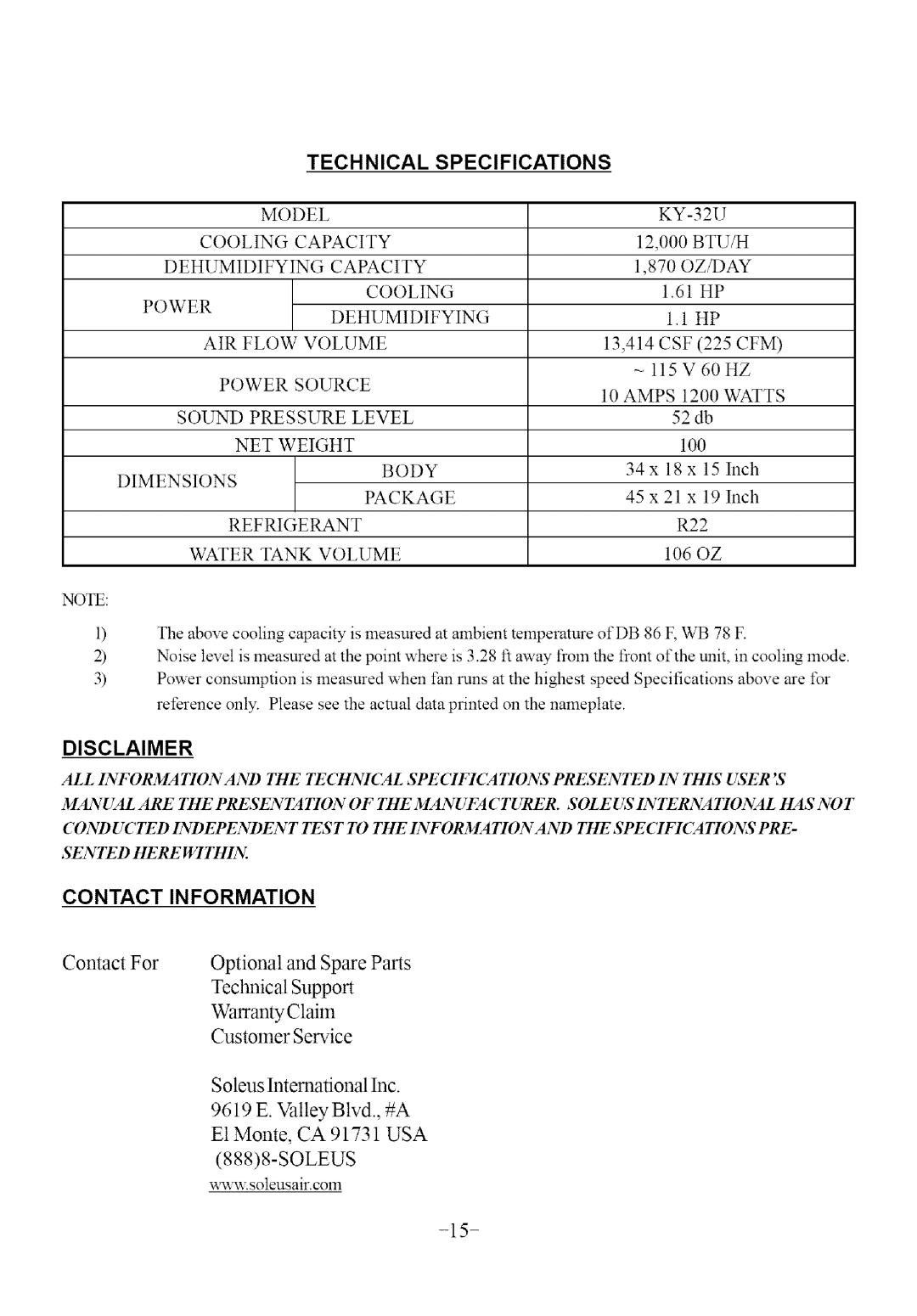 Soleus Air KY-32U user manual Technical Specifications, Disclaimer, Contact Information 