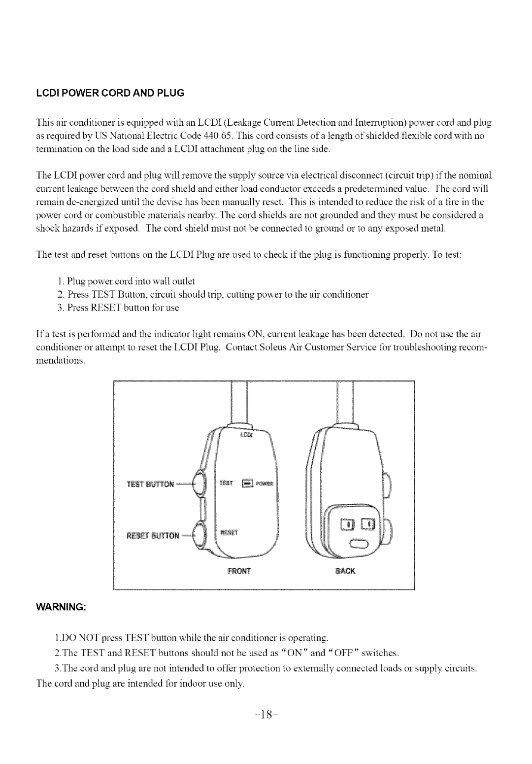 Soleus Air KY-32U user manual Lcdi Power Cord and Plug 