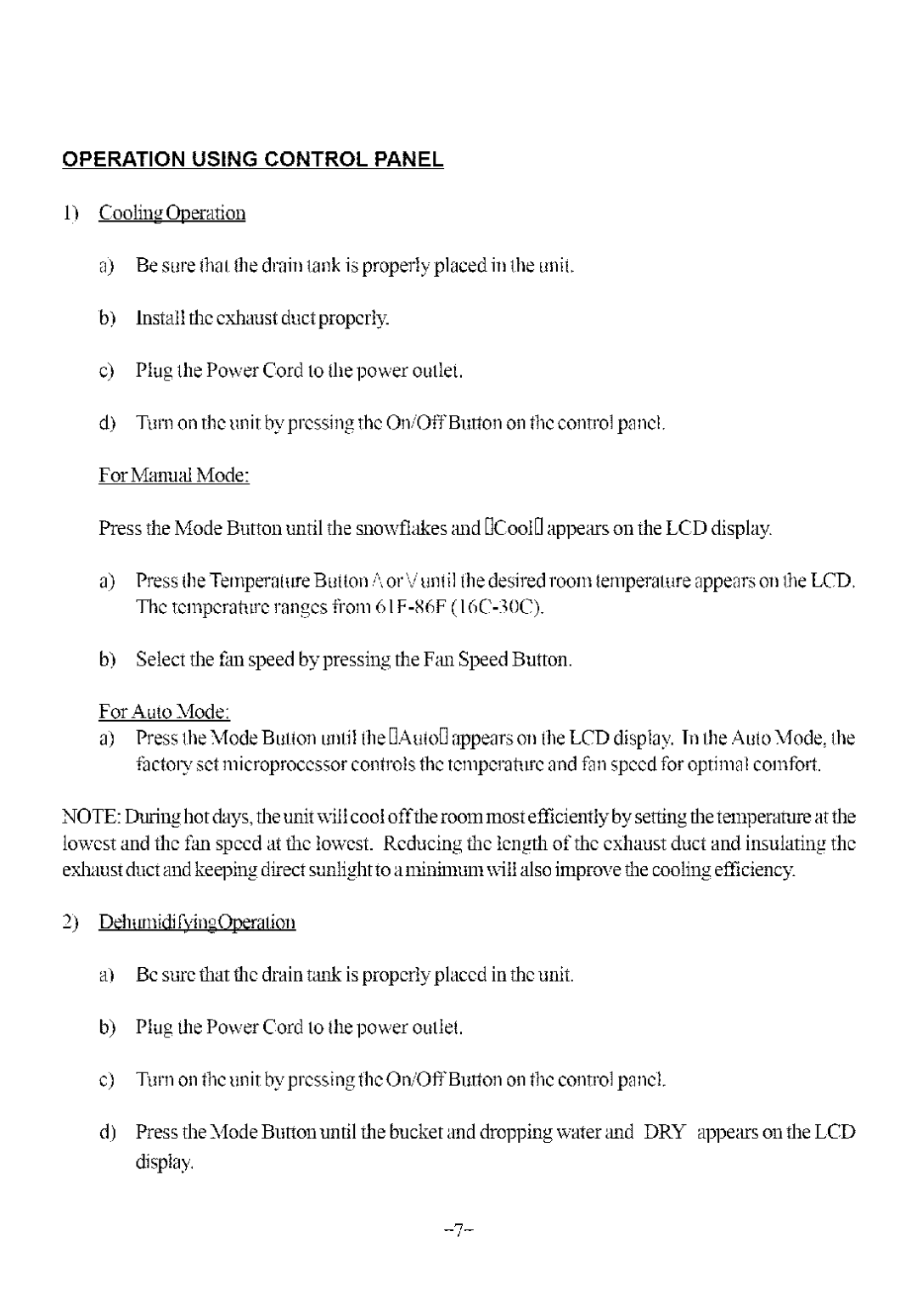 Soleus Air KY-32U user manual Operation Using Control Panel 