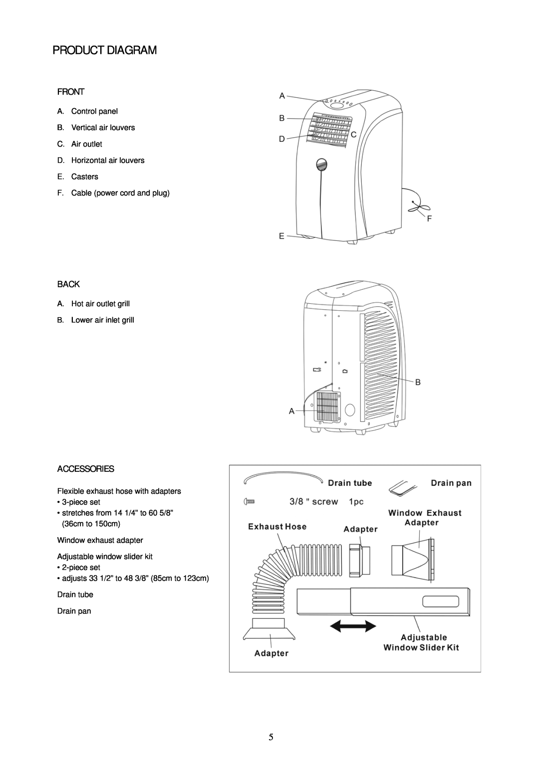 Soleus Air 000 BTU Evaporative Portable Air Conditioner and 14, KY-36 owner manual Product Diagram, Front, Back, Accessories 