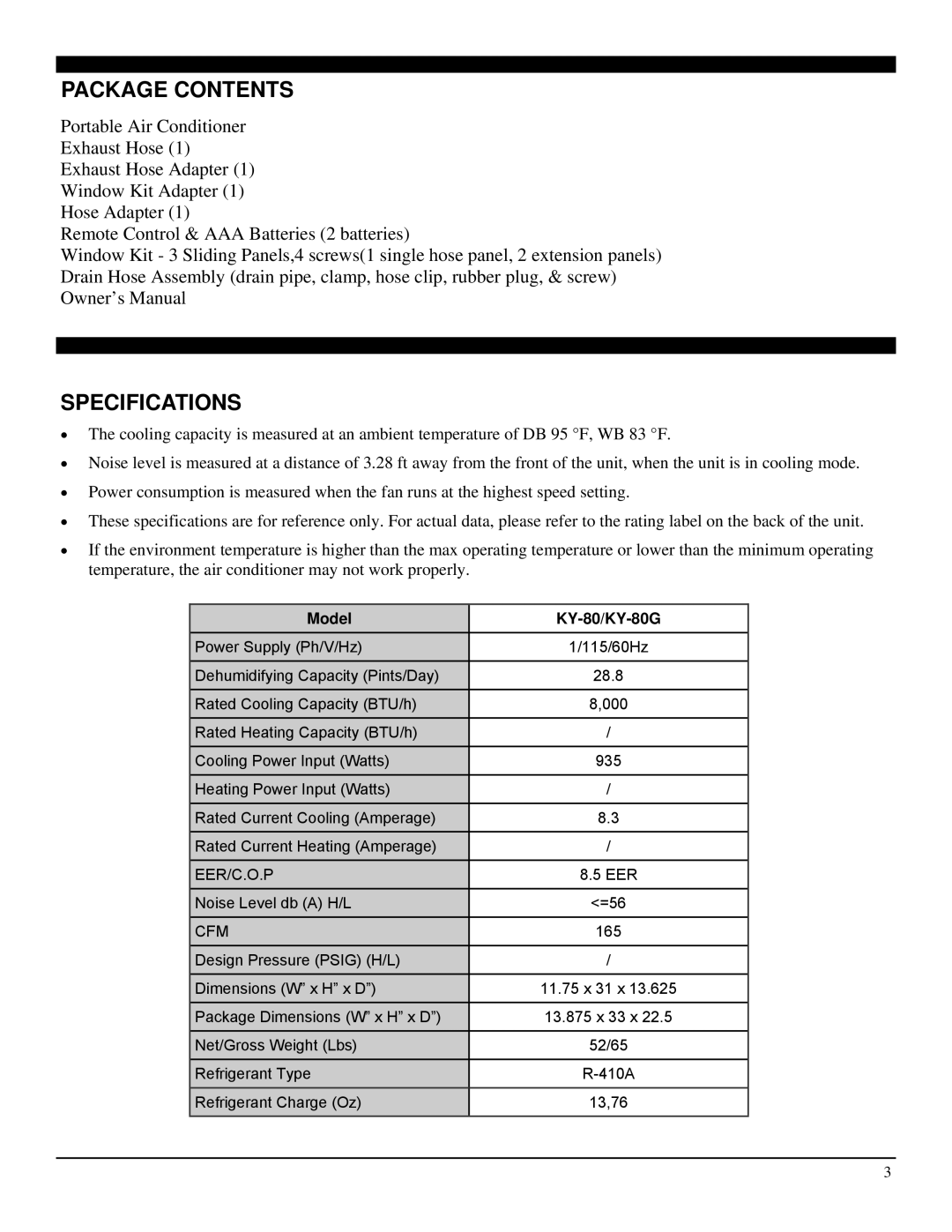 Soleus Air KY-80G manual Package Contents, Specifications 