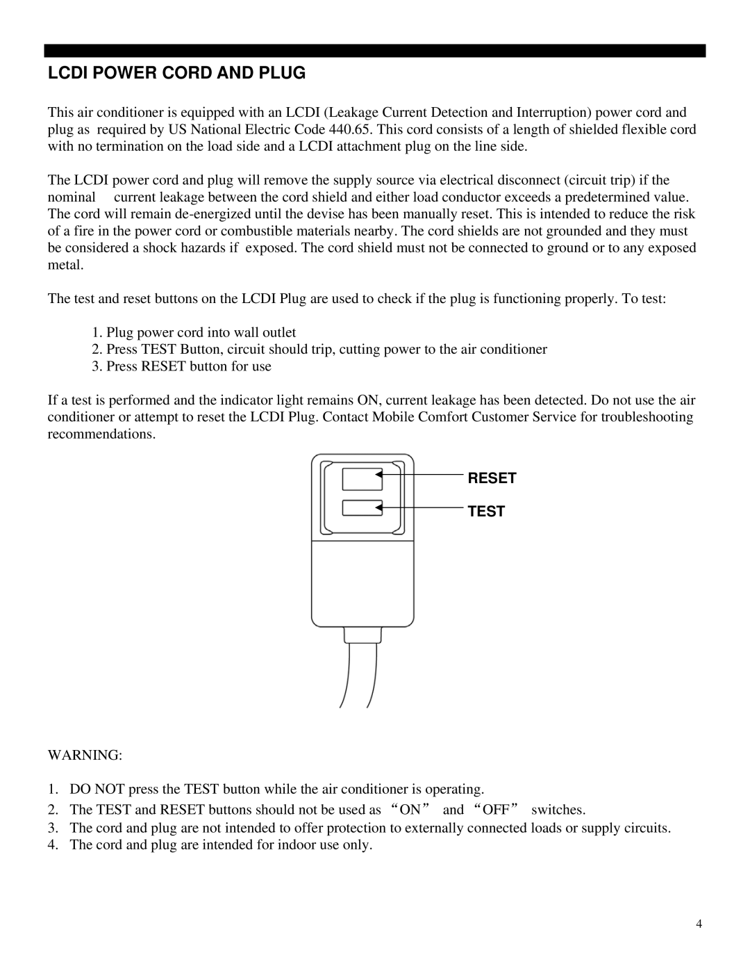 Soleus Air KY-80G manual Lcdi Power Cord and Plug, Reset Test 