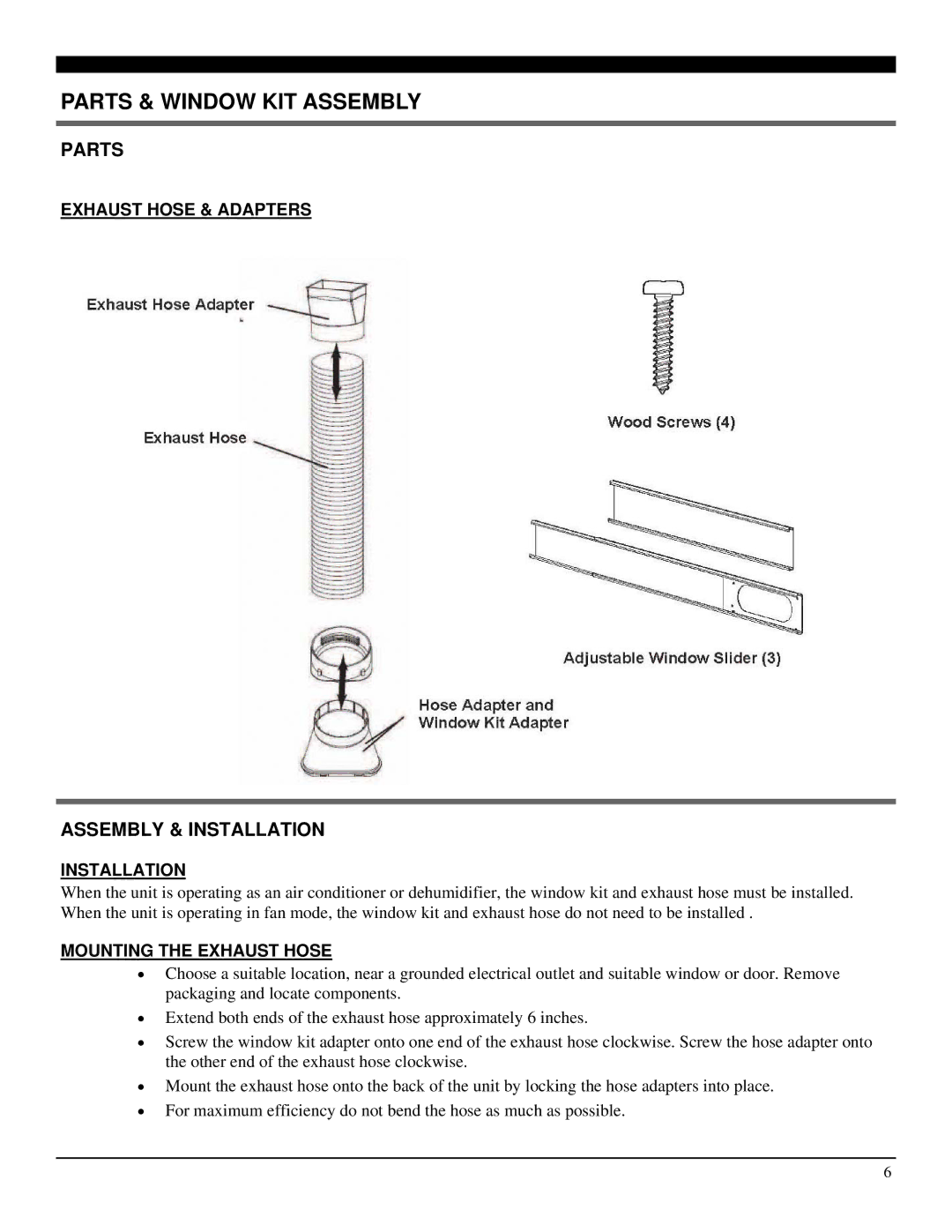 Soleus Air KY-80G manual Parts & Window KIT Assembly, Assembly & Installation, Exhaust Hose Adapter Window Kit Adapter 