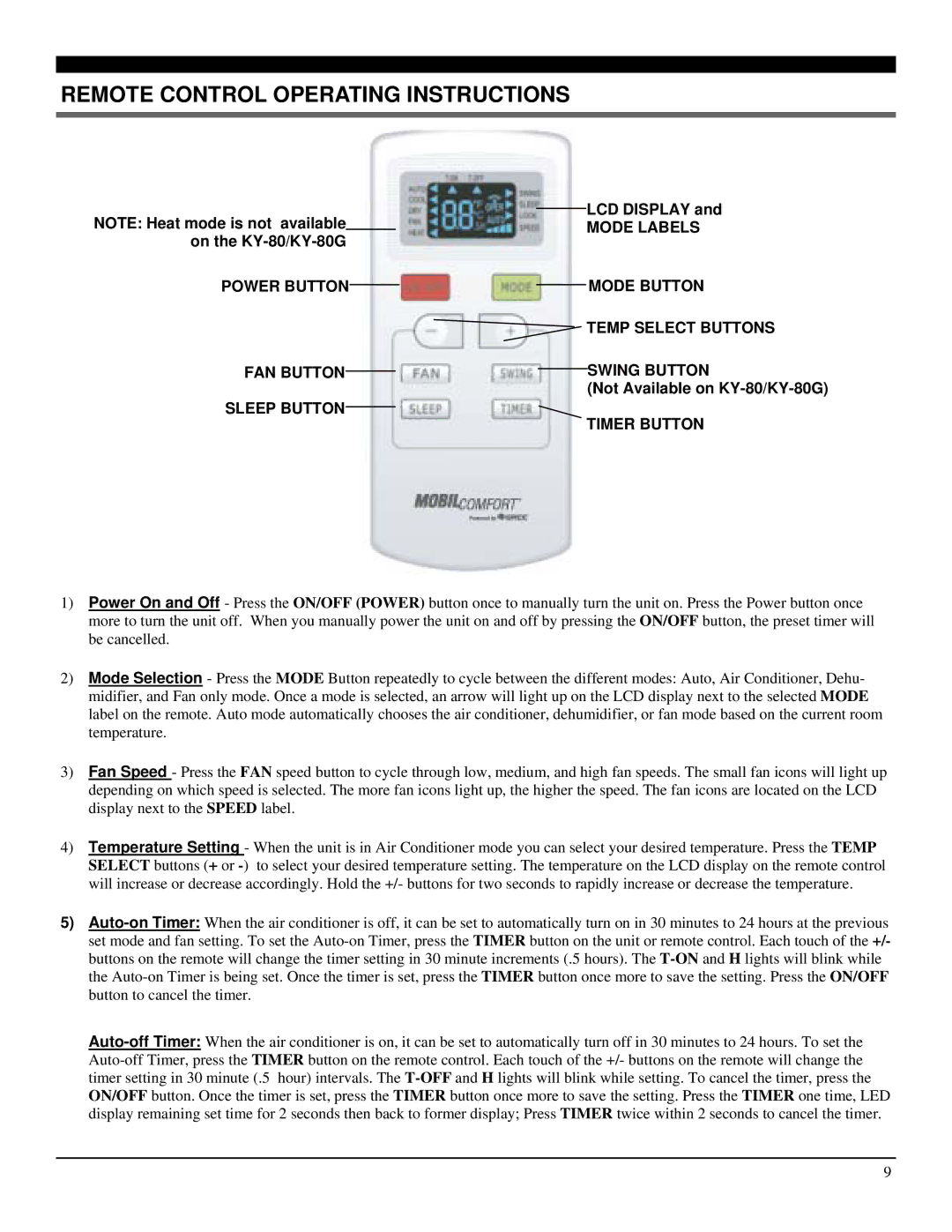 Soleus Air manual Remote Control Operating Instructions, LCD Display, Not Available on KY-80/KY-80G 