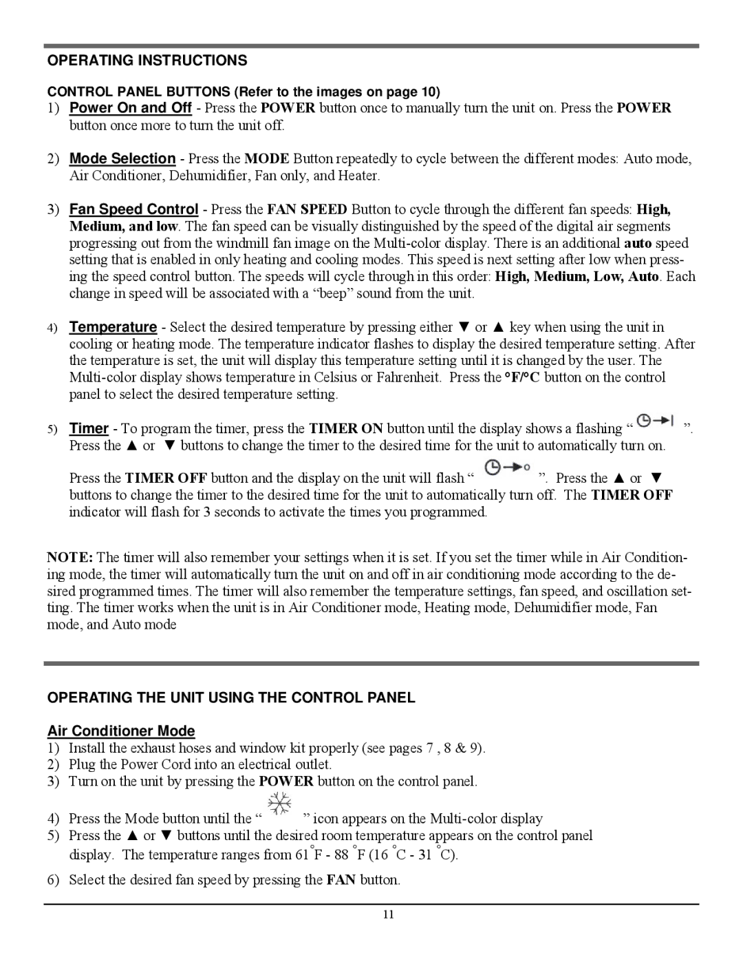 Soleus Air LX-140 manual Operating Instructions, Operating the Unit Using the Control Panel, Air Conditioner Mode 