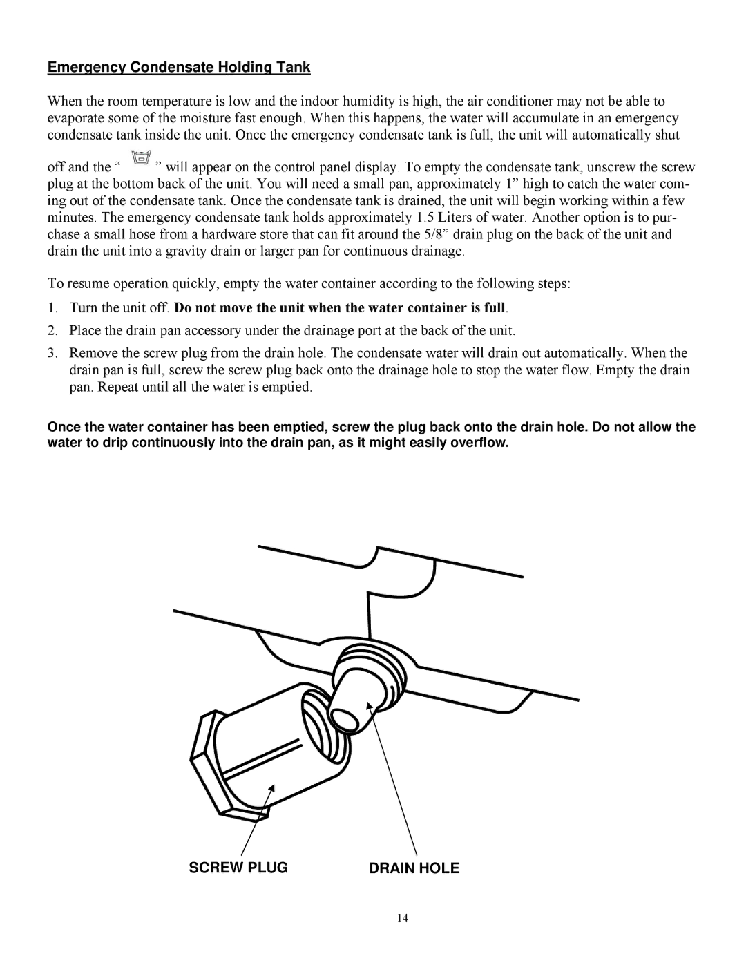 Soleus Air LX-140 manual Emergency Condensate Holding Tank, Screw Plug Drain Hole 