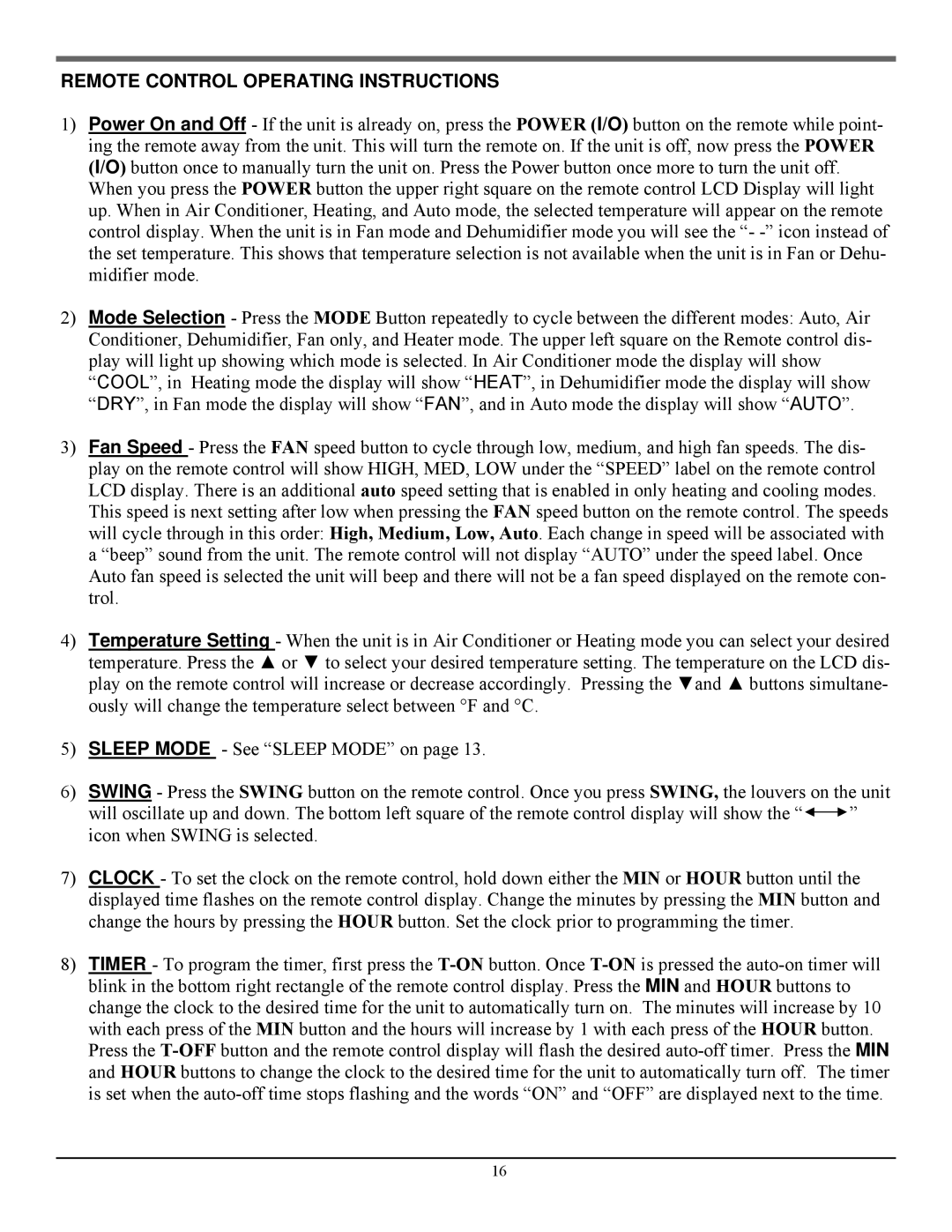 Soleus Air LX-140 manual Remote Control Operating Instructions 