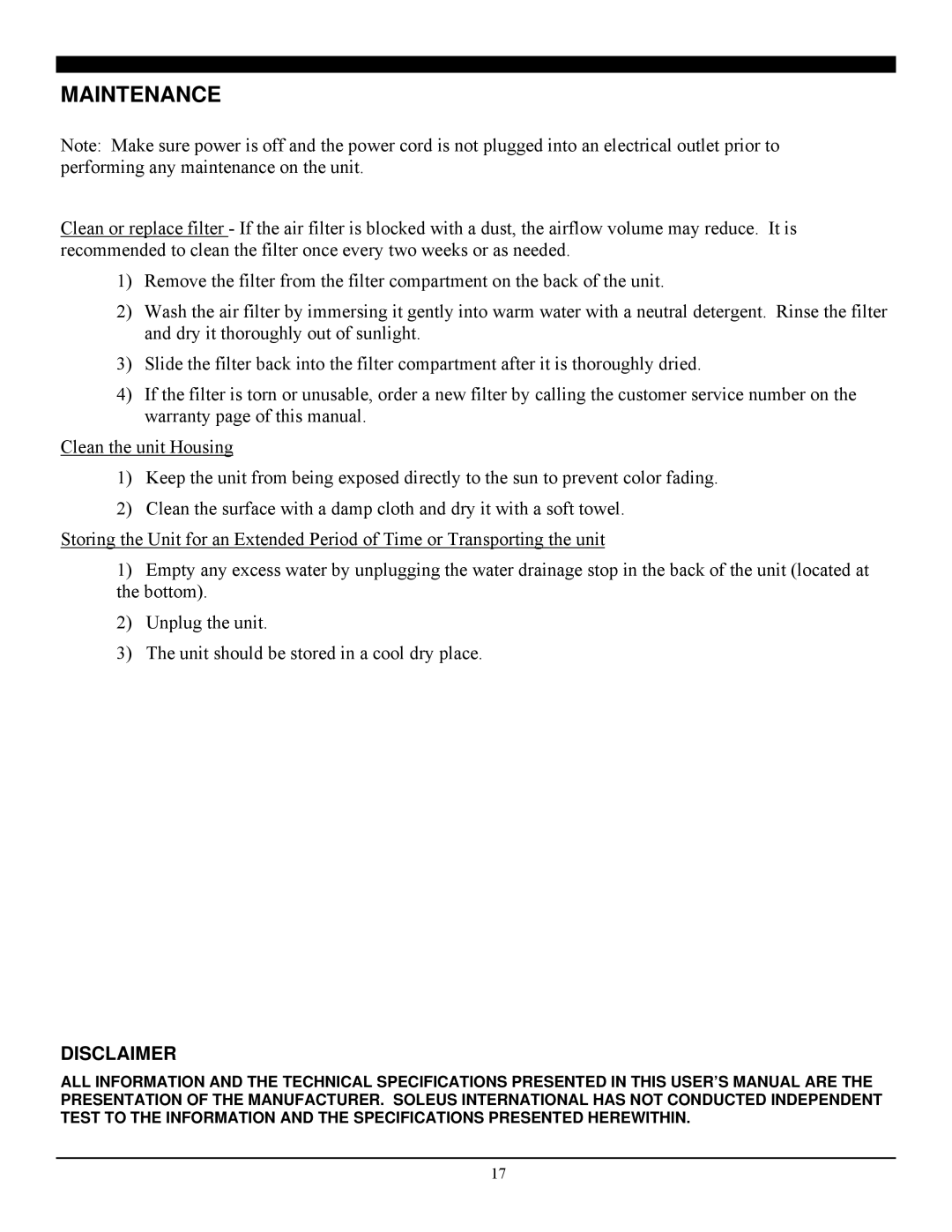 Soleus Air LX-140 manual Maintenance, Disclaimer 