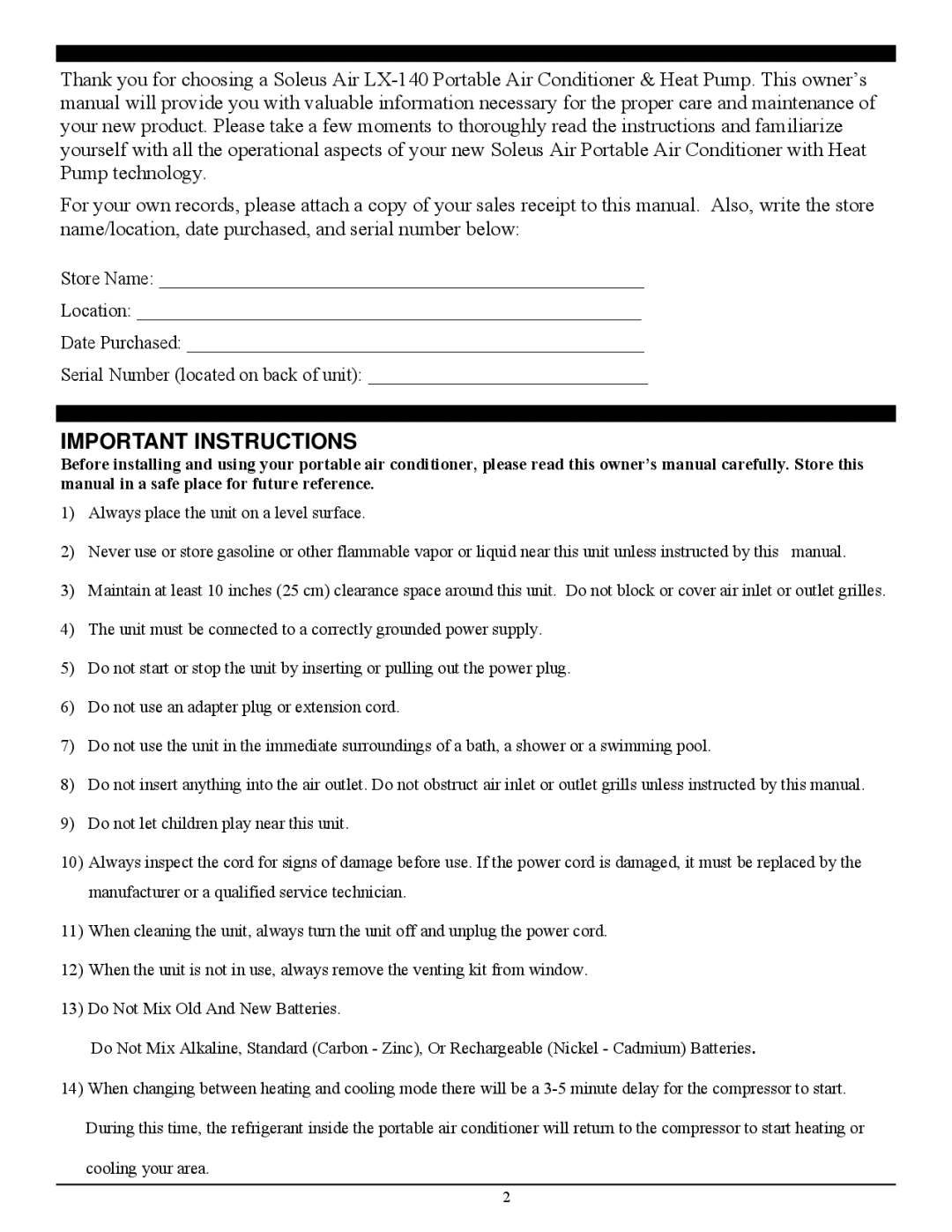 Soleus Air LX-140 manual Important Instructions 