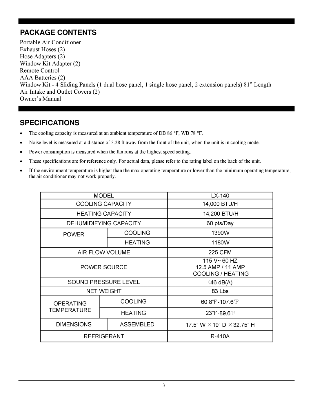 Soleus Air LX-140 manual Package Contents, Specifications 