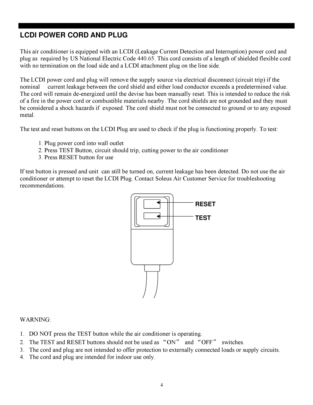 Soleus Air LX-140 manual Lcdi Power Cord and Plug, Reset Test 