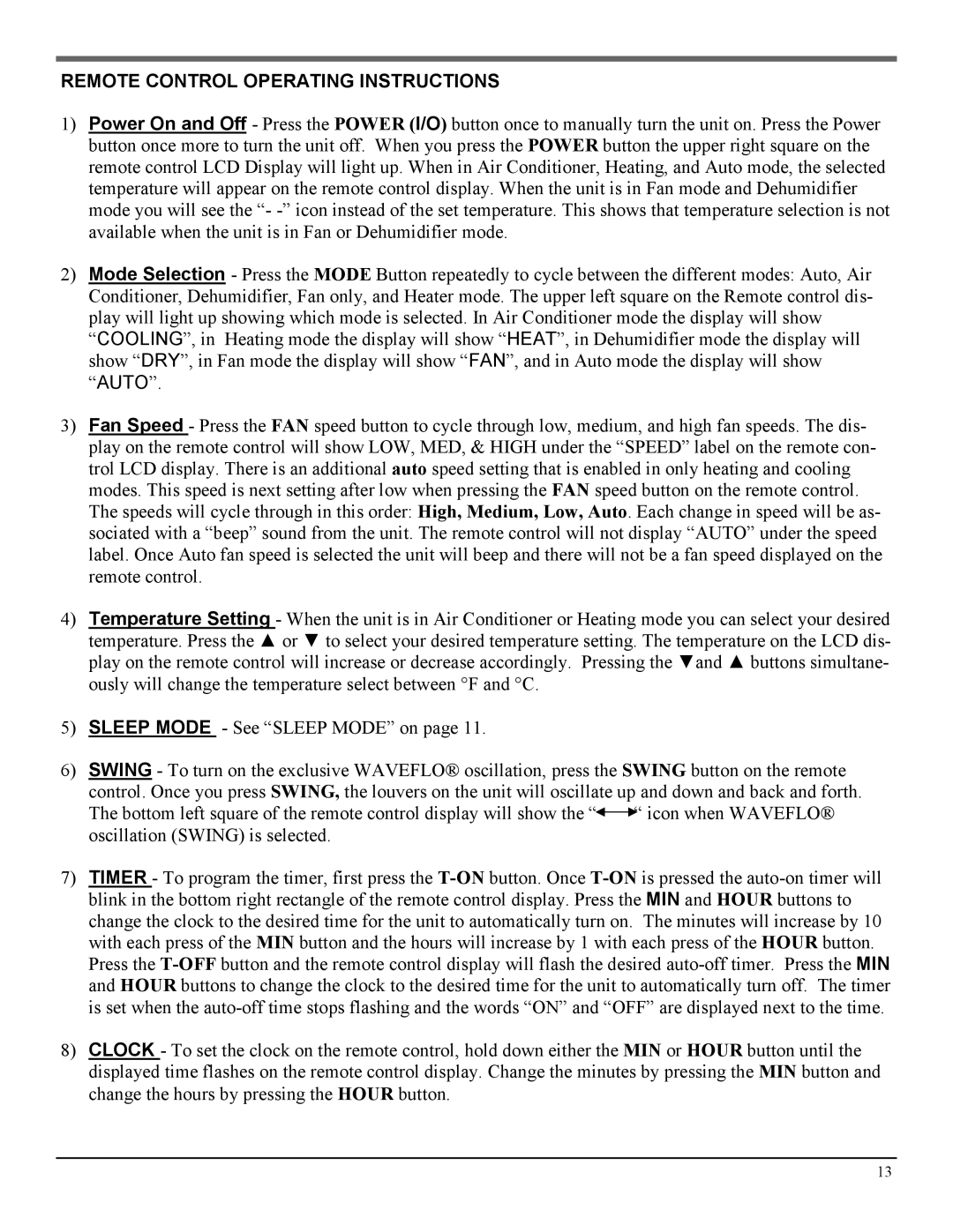 Soleus Air LX-140 manual Remote Control Operating Instructions 