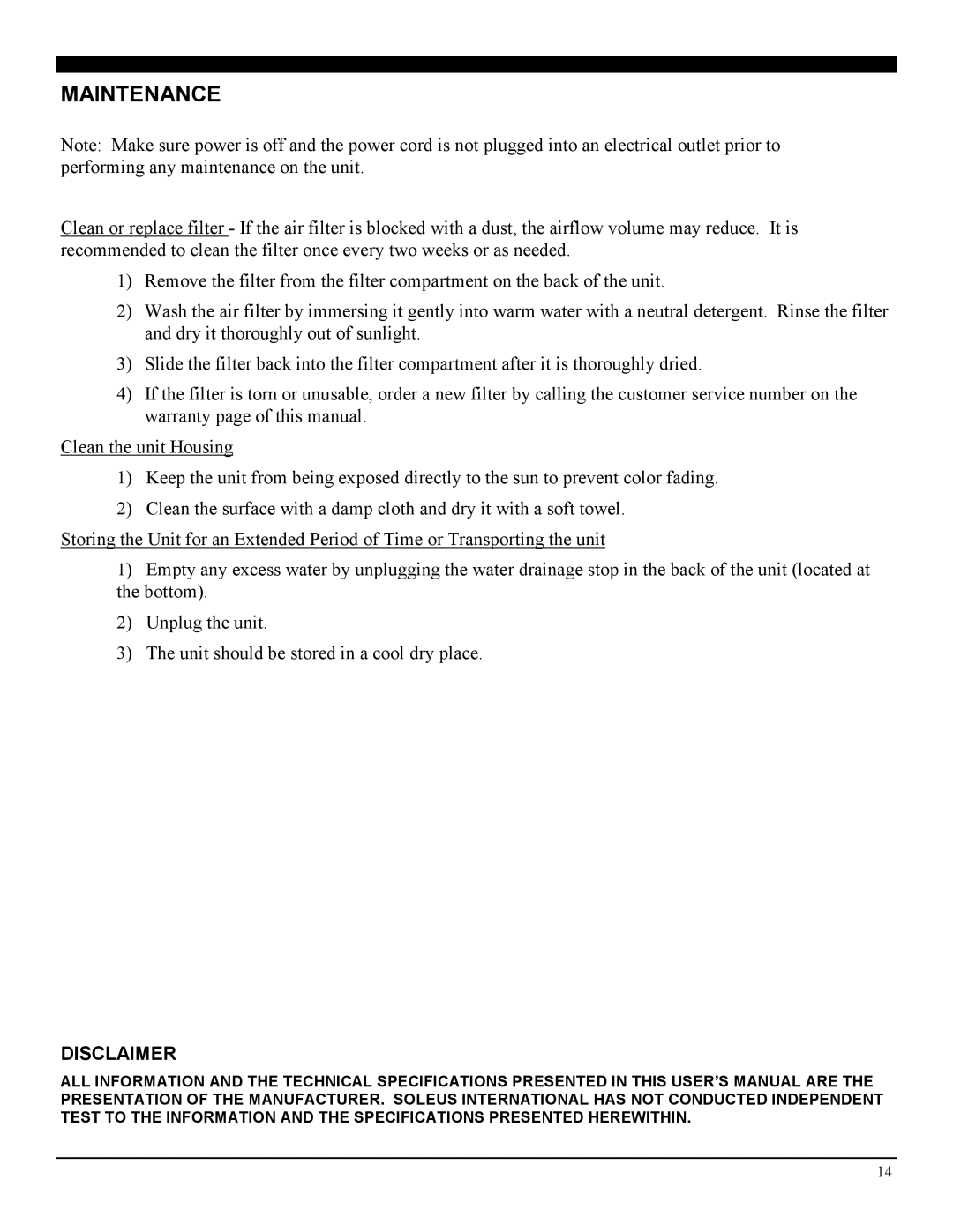 Soleus Air LX-140 manual Maintenance, Disclaimer 