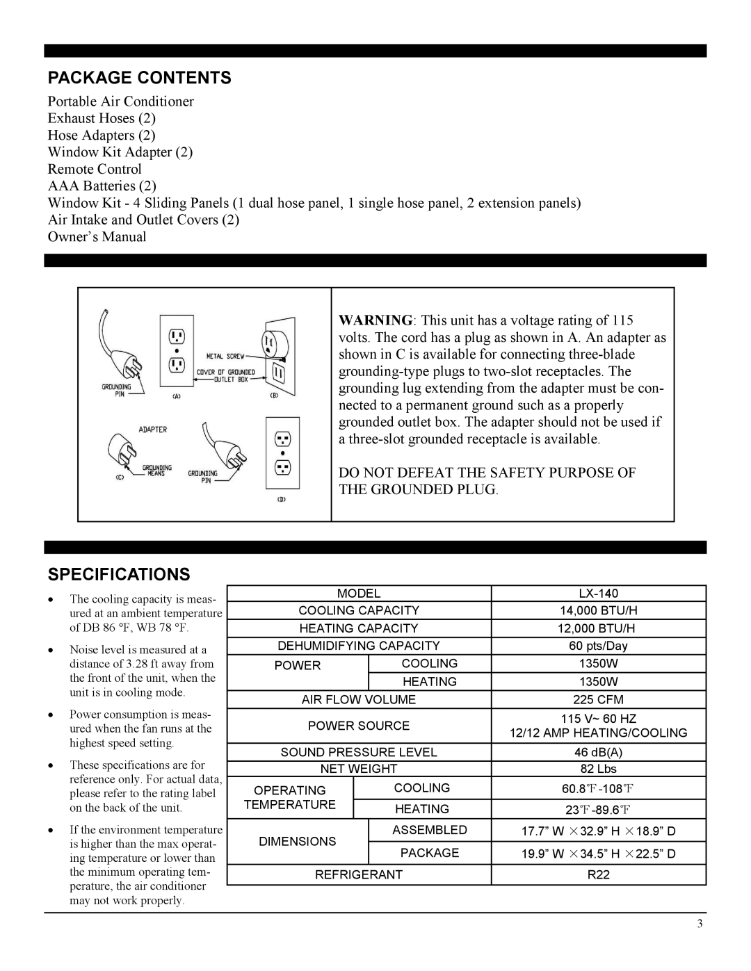 Soleus Air LX-140 manual Package Contents, Specifications 