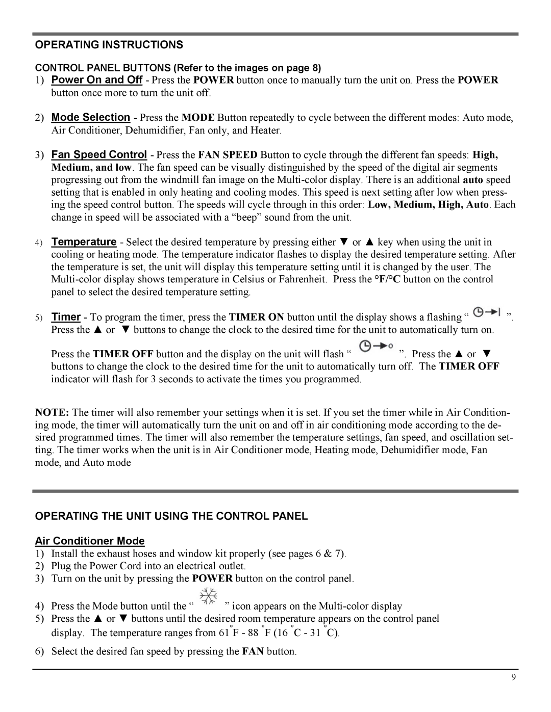 Soleus Air LX-140 manual Operating Instructions, Operating the Unit Using the Control Panel 