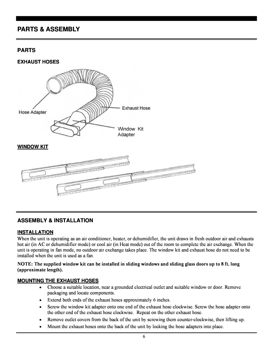 Soleus Air LX-140 manual Parts & Assembly, Assembly & Installation, Window Kit, Mounting The Exhaust Hoses 