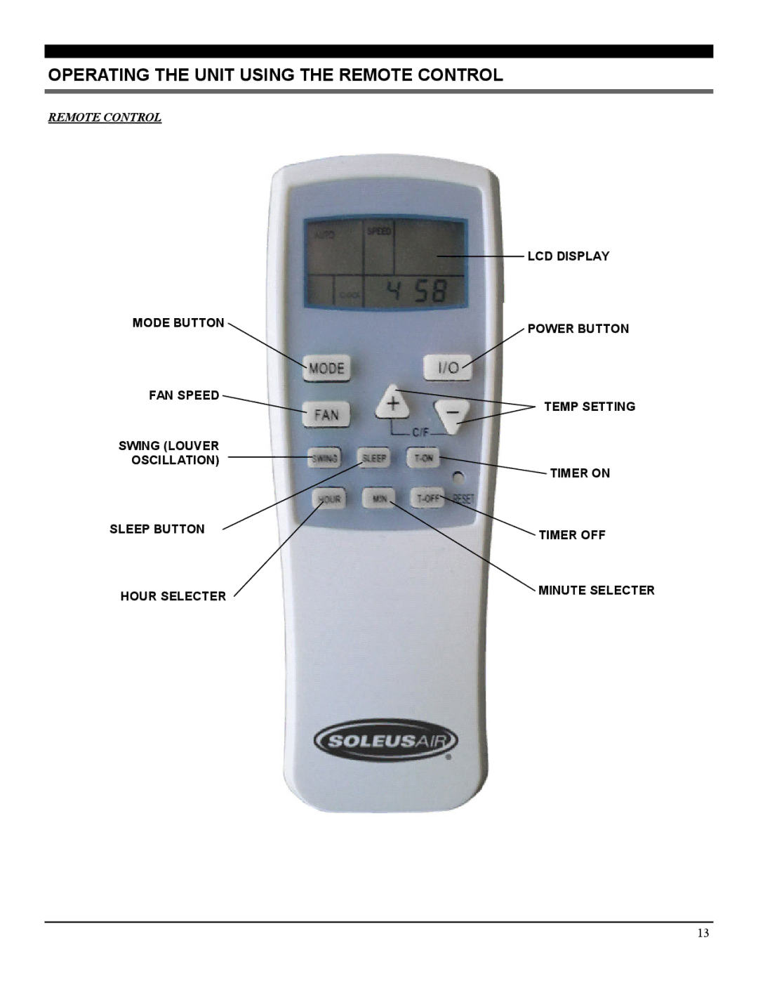 Soleus Air LX-140BL operating instructions Operating the Unit Using the Remote Control 