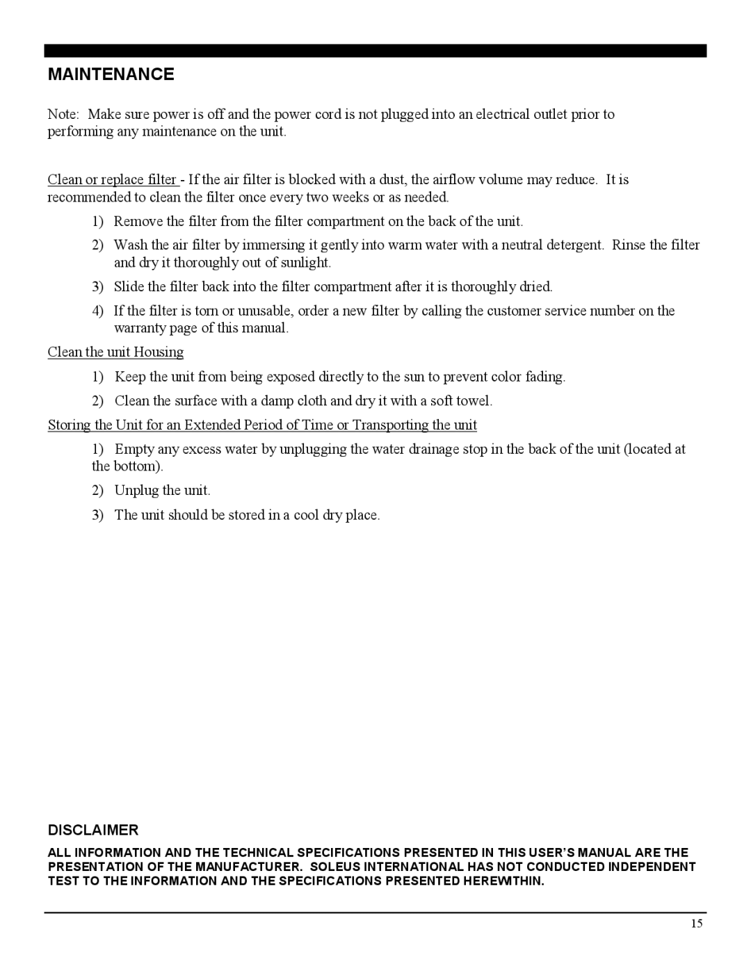 Soleus Air LX-140BL operating instructions Maintenance, Disclaimer 