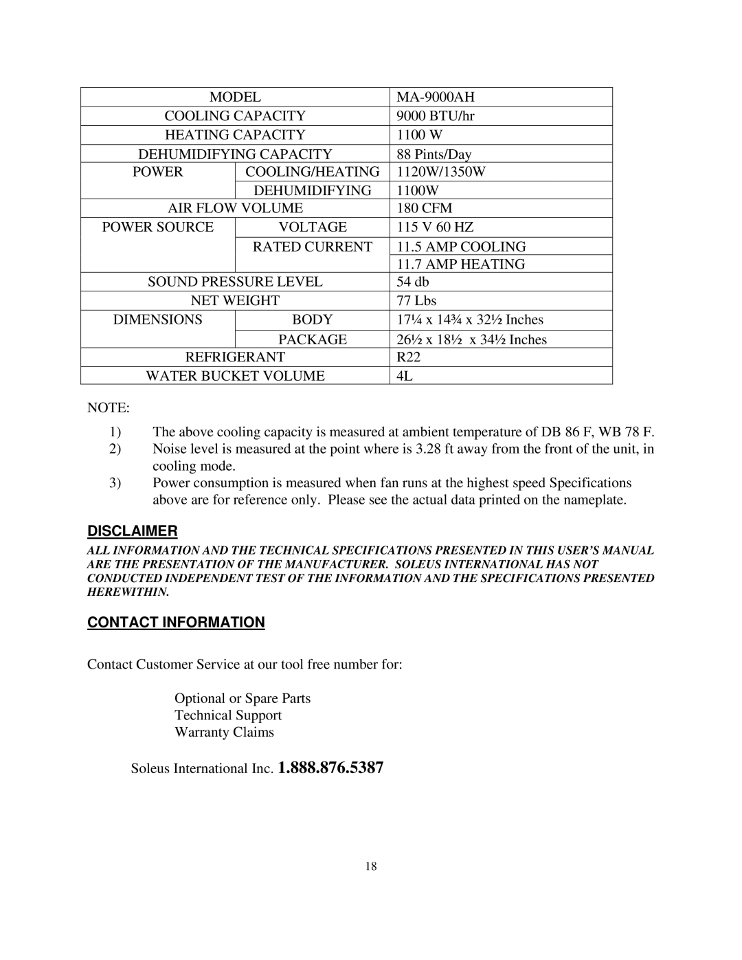 Soleus Air MA-9000AH owner manual Disclaimer, Contact Information 