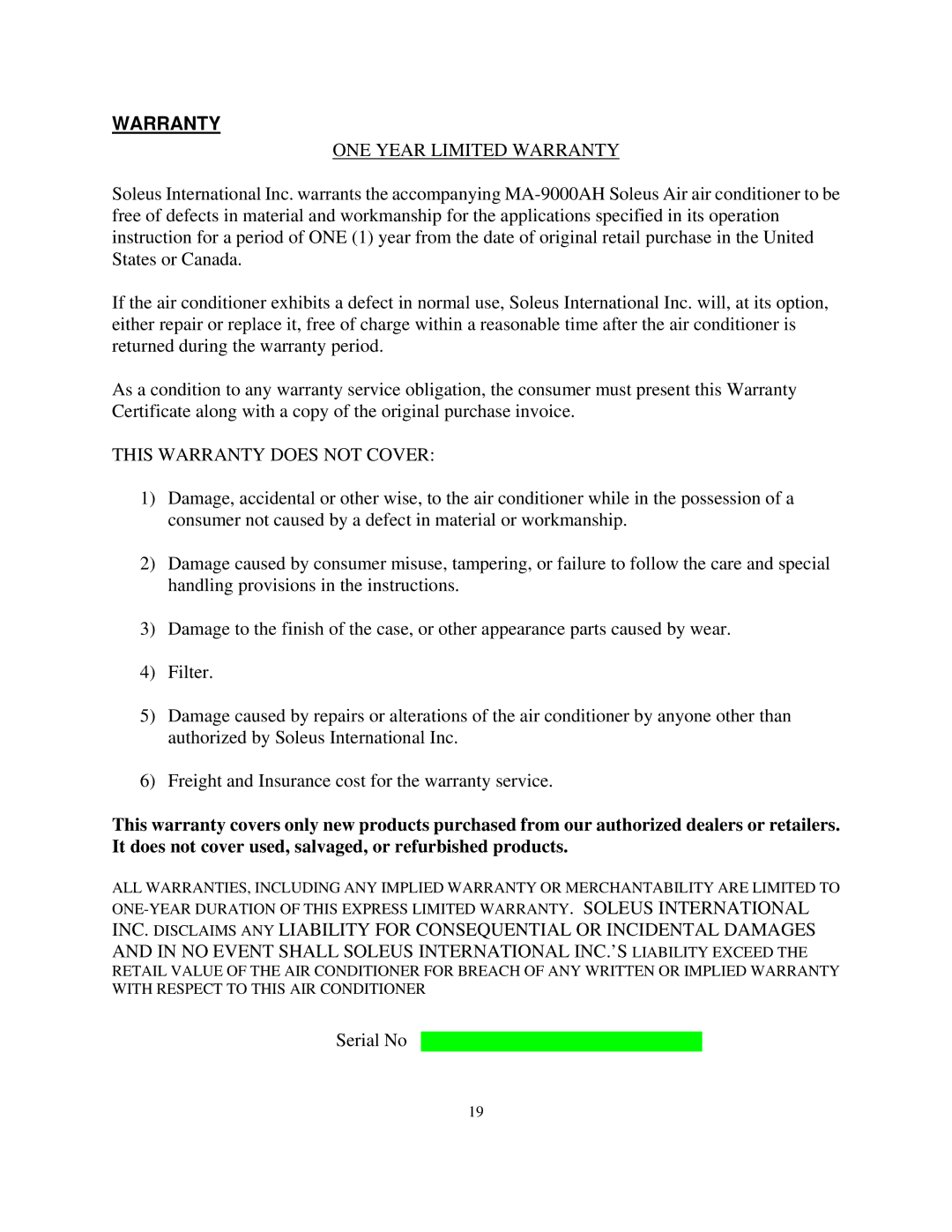 Soleus Air MA-9000AH owner manual ONE Year Limited Warranty 
