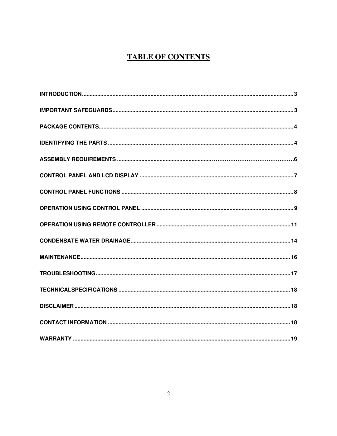 Soleus Air MA-9000AH owner manual Table of Contents 