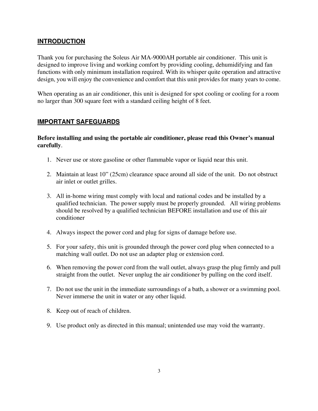 Soleus Air MA-9000AH owner manual Introduction, Important Safeguards 