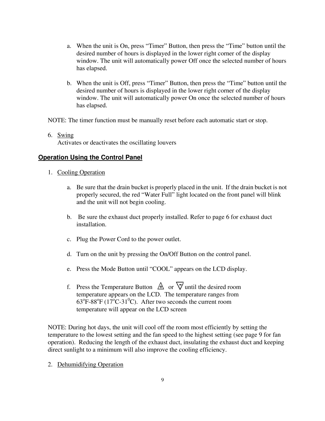 Soleus Air MA-9000AH owner manual Operation Using the Control Panel 