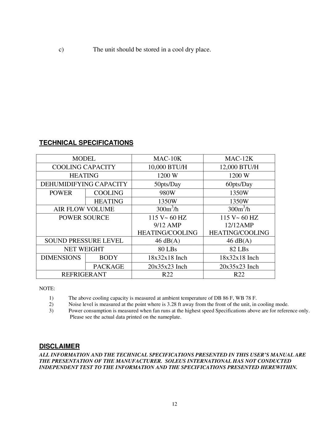 Soleus Air MAC-10K, MAC-12K owner manual Technical Specifications, Disclaimer 