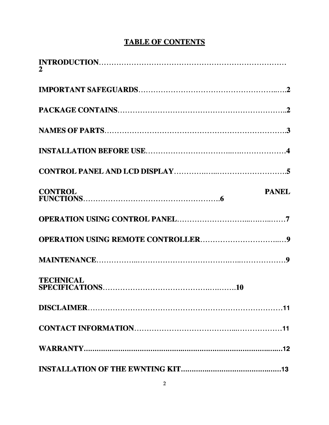 Soleus Air MAC-10K, MAC-12K owner manual Table Of Contents 