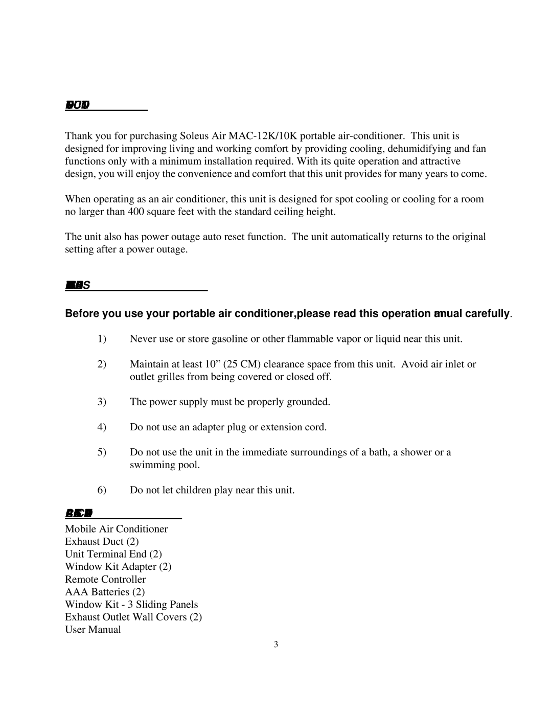 Soleus Air MAC-12K/10K owner manual Introduction, Important Safeguards, Package Contains 