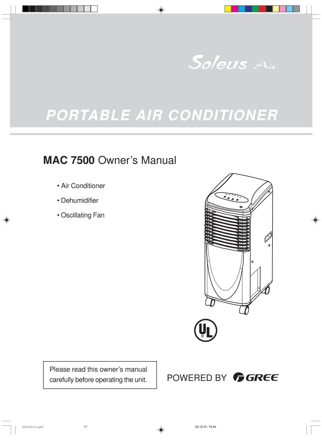 Soleus Air MAC 7500 owner manual Portable AIR Conditioner 