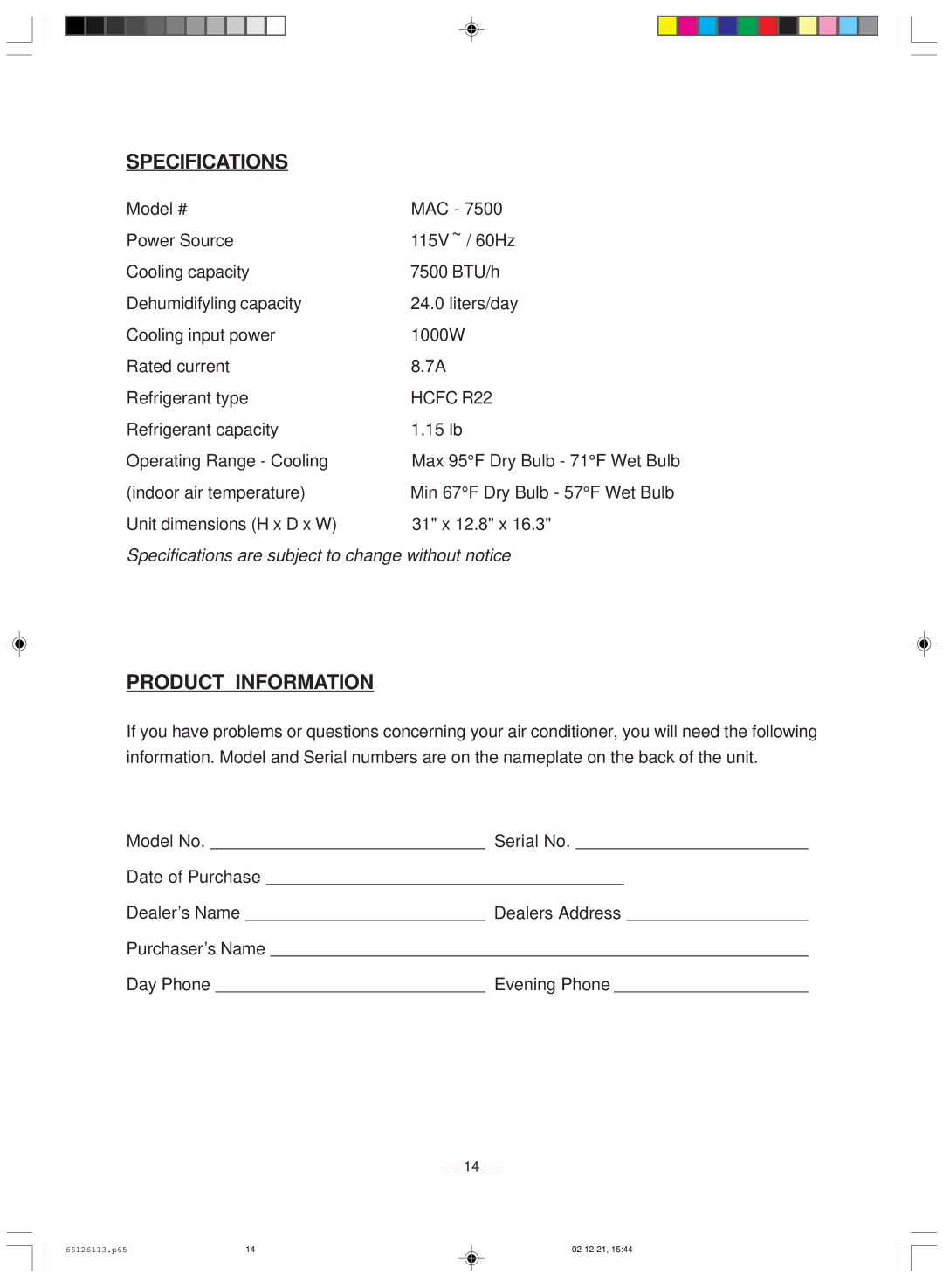 Soleus Air MAC 7500 owner manual Specifications, Product Information 