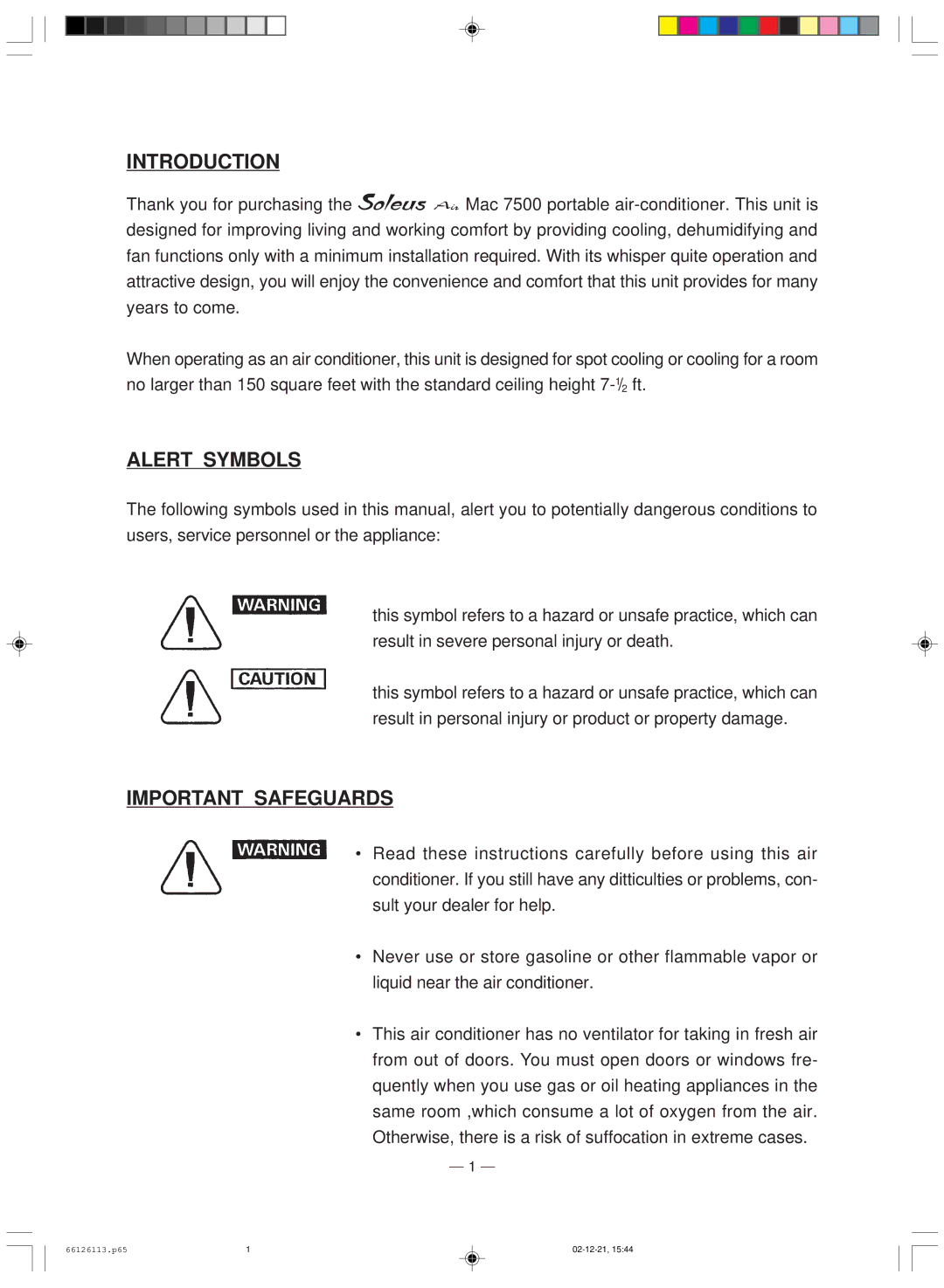 Soleus Air MAC 7500 owner manual Introduction, Alert Symbols, Important Safeguards 