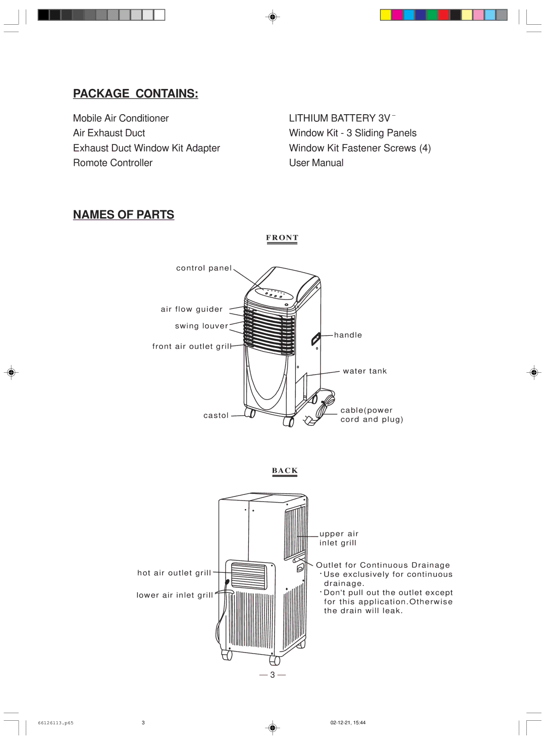 Soleus Air MAC 7500 owner manual Package Contains, Names of Parts 