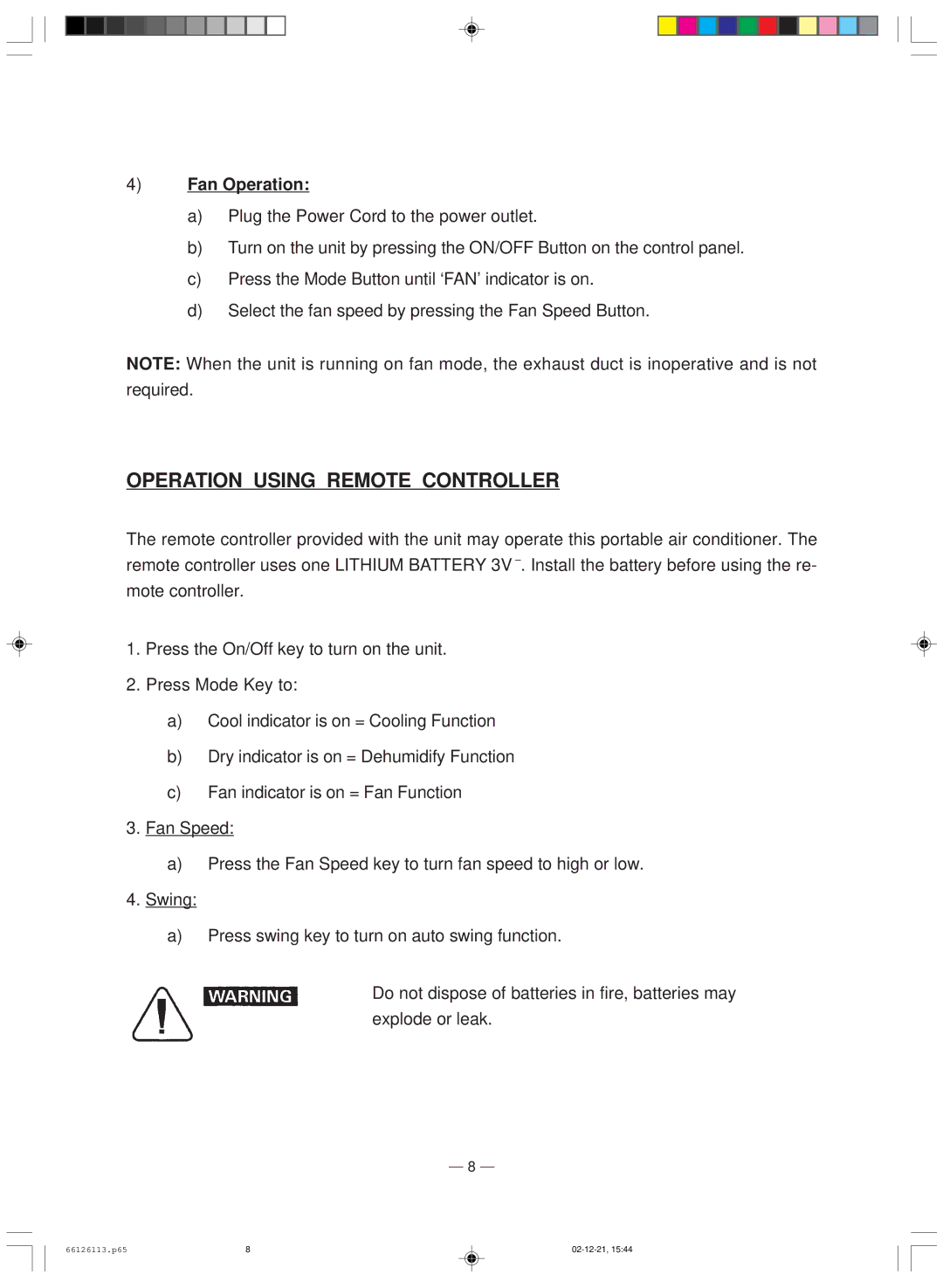 Soleus Air MAC 7500 owner manual Operation Using Remote Controller, Fan Operation 