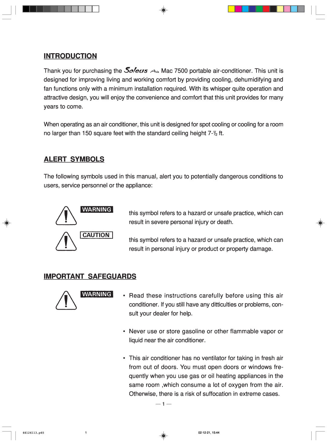 Soleus Air MAC 7500 owner manual Introduction, Alert Symbols, Important Safeguards, 02-12-21,15 